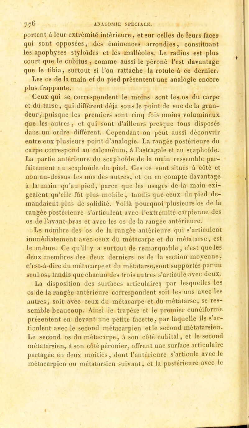 portent à leur extrémité inférieure, et sur celles de leurs faces qui sont opposées, des éminences arrondies, constituant les apophyses styloïdes et les malléoles. Le radius est plus court que le cubitus , comme aussi le péroné l'est davantage que le tibia, surtout si l'on rattache la rotule à ce dernier. Les os de la main et du pied présentent une analogie encore plus frappante. Ceux qui se correspondent le moins sont les os du carpe et du tarse, qui diffèrent déjà sous le point de vue de la gran- deur, puisque les premiers sont cinq fois moins volumineux que les autres, et qui sont d'ailleurs presque tous disposés dans un ordre différent. Cependant on peut aussi découvrir entre eux plusieurs point d'analogie. La rangée postérieure du carpe correspond au calcanéum, à l'astragale et au scaphoïde. La partie antérieure du scaphoïde de la main ressemble par- faitement au scaphoïde du pied. Ces os sont situés à côté et non au-dessus les uns des autres, et on en compte davantage à la main qu'au pied, parce que les usages de la main exi- geaient qu'elle fût plus mobile, tandis que ceux du pied de- mandaient plus de solidité. Voilà pourquoi plusieurs os de la rangée postérieure s'articulent avec l'extrémité carpienne des os de l'avant-bras et avec les os de la rangée antérieure. Le nombre des os de la rangée antérieure qui s'articulent immédiatement avec ceux du métacarpe et du métatarse, est le même. Ce qu'il y a surtout de remarquable, c'est que les deux membres des deux derniers os de la section moyenne, c'est-à-dire du métacarpeet du métatarse,sont supportés par un seul os, tandis que chacun des trois autres s'articule avec deux. La disposition des surfaces articulaire^ par lesquelles les os de la rangée antérieure correspondent soit les uns avec les autres, soit avec ceux du métacarpe et du métatarse, se res- semble beaucoup. Ainsi Je trapèze et le premier cunéiforme présentent en devant une petite facette, par laquelle ils s'ar- ticulent avec le second métacarpien et le second métatarsien. Le second os du métacarpe, à son côté cubital, et le second métatarsien, à son côlépéronier, offrent une surface articulaire partagée en deux moitiés, dont l'antérieure s'articule avec le métacarpien ou métatarsien suivant, et la postérieure avec le i