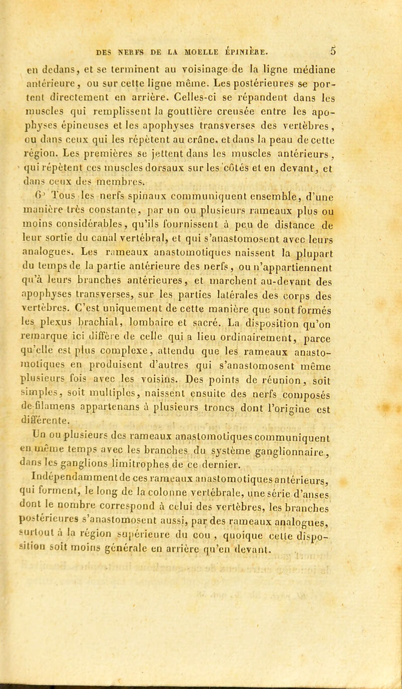 en dedans, et se terminent au voisinage de la ligne médiane antérieure, ou sur celte ligne même. Les postérieures se por- tent directement en arrière. Celles-ci se répandent dans les muscles qui remplissent la gouttière creusée entre les apo- physes épineuses et les apophyses transverses des vertèbres, ou dans ceux qui les répètent au crâne, et dans la peau de cette région. Les premières se jettent dans les muscles antérieurs, • qui répètent ces muscles dorsaux sur les côtés et en devant, et dans ceiix des membres. 0^ Tous les nerfs spinaux communiquent ensemble, d'une manière très constante, par un ou plusieurs rameaux plus ou moins considérables, qu'ils fournissent à peu de distance de leur sortie du canal vertébral, et qui s'anastomosent avec leurs analogues. Les rameaux anastomotiques naissent la plupart du temps de la partie antérieure des nerfs, ou n'appartiennent qu'à leurs branches antérieures, et marchent au-devant des apophyses Iransverses, sur les parties latérales des corps des vertèbres. C'est uniquement de cette manière que sont formés les plexus brachial, lombaire et sacré. La disposition qu'on remarque ici diffère de celle qui a lieu ordinairement, parce qu'elle est plus complexe, attendu que les rameaux anasto- motiques en produisent d'autres qui s'anastomosent même plusieurs fois avec les voisins. Des points de réunion, soit simples, soit multiples, naissent ensuite des nerfs composés de filamens appartenans ù plusieurs troncs dont l'origine est différente. Un ou plusieurs des rameaux anastomotiques communiquent en uîême temps avec les branches du système ganglionnaire, dans les ganglions limitrophes de ce dernier. Indépendamment de ces rameaux anastomotiques antérieurs, qui forment, le long de la colonne vertébrale, une série d'anses dont le nombre correspond à celui des vertèbres, les branches postérieures s'anastomosent aussi, par des rameaux analogues, surtout à la région supérieure du cou , quoique celte dispo- sition soit moins générale en arrière qu'en devant.