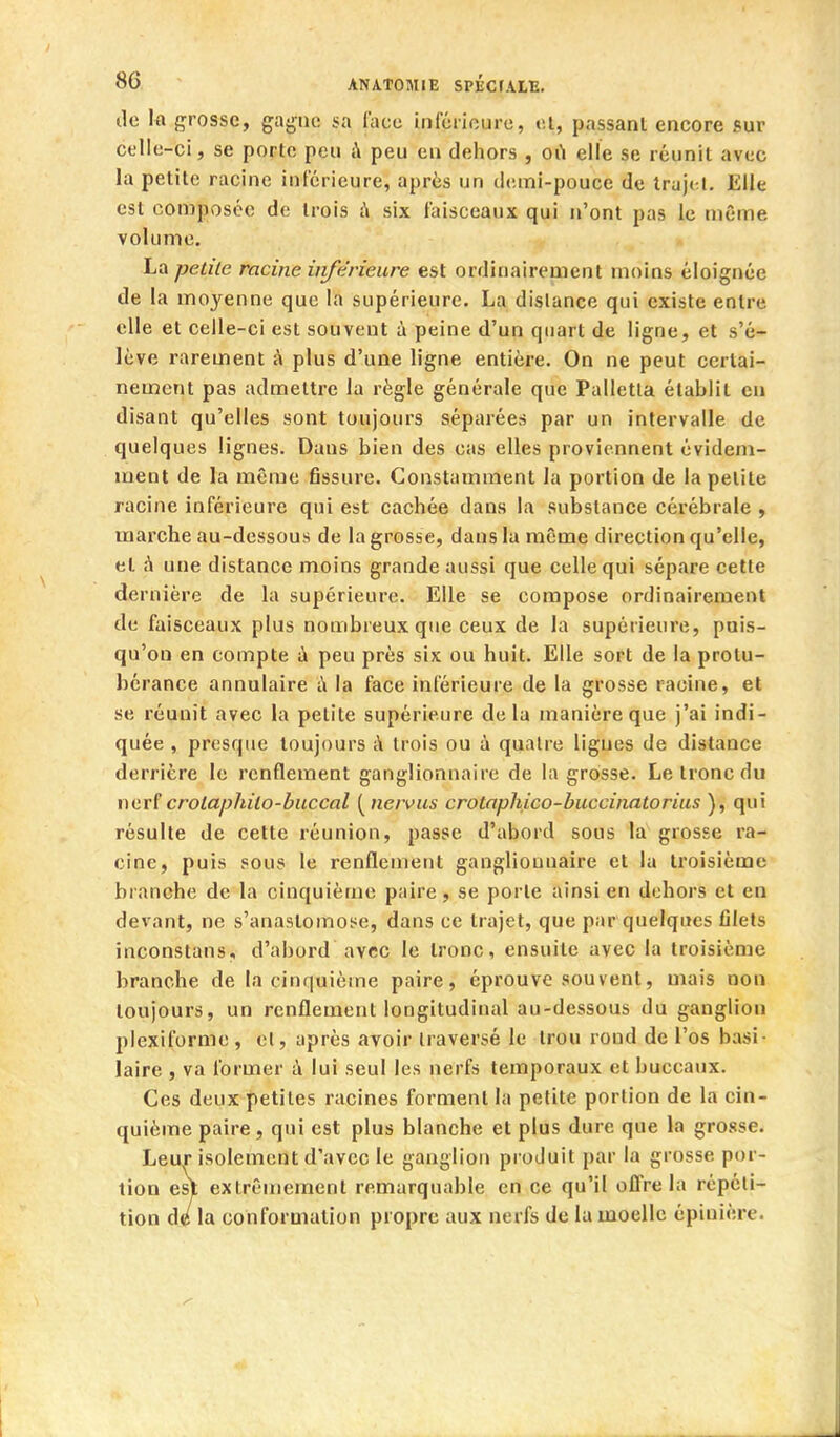 lie la grosse, garnie sa lace inférieure, et, passant encore sur celle-ci, se porte peu i\ peu eu dehors , où elle se réunit avec la petite racine intérieure, après un demi-pouce de Irujc.l. Elle est composée de trois à six faisceaux qui n'ont pas le même volume. La petite racine iiife'rieure est ordinairement moins éloignée de la moyenne que la supérieure. La dislance qui existe entre elle et celle-ci est souvent à peine d'un quart de ligne, et s'é- lève rarement à plus d'une ligne entière. On ne peut certai- nement pas admettre la règle générale que Palletla établit en disant qu'elles sont toujours séparées par un intervalle de quelques lignes. Dans bien des cas elles proviennent évidem- ment de la même fissure. Constamment la portion de la petite racine inférieure qui est cachée dans la substance cérébrale , marche au-dessous de la grosse, dans la même direction qu'elle, et h une distance moins grande aussi que celle qui sépare cette dernière de la supérieure. Elle se compose ordinairement de faisceaux plus nombreux que ceux de la supérieure, puis- qu'on en compte ù peu près six ou huit. Elle sort de la protu- bérance annulaire \ la face inférieure de la grosse racine, et se réunit avec la petite supérieure delà manière que j'ai indi- quée , presque toujours à trois ou à quatre ligues de distance derrière le renflement ganglionnaire de la grosse. Le tronc du nerf crolaphilo-buccal [neivus crotnphico-buccinatorius ), qui résulte de cette réunion, passe d'abord sous la grosse ra- cine, puis sous le renflement ganglionnaire et la troisième branche de la cinquième paire, se porte ainsi en dehors et en devant, ne s'anastomose, dans ce trajet, que par quelques filets inconstans, d'abord avec le tronc, ensuite avec la troisième branche de la cinquième paire, éprouve souvent, mais non toujours, un renflement longitudinal au-dessous du ganglion plexiforme , et, après avoir traversé le trou rond de l'os basi- laire , va former à lui seul les nerfs temporaux et buccaux. Ces deux petites racines forment la petite portion de la cin- quième paire, qui est plus blanche et plus dure que la grosse. Leur isolement d'avec le ganglion produit par la grosse por- tion est extrêmement remarquable en ce qu'il offre la répéti- tion de la conformation propre aux nerfs de la moelle épiuière.