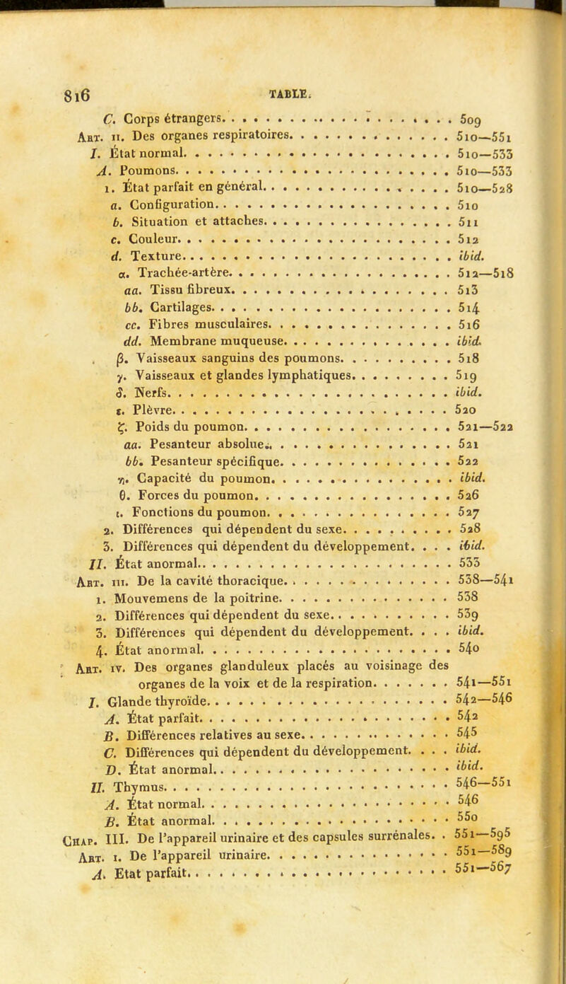 C, Corps étrangers ~. Sog Aet. II. Des organes respiratoires 5io—-SSi J. État normal 5io—533 A. Poumons 5io—533 1. État pariait en général , . . . . 5io—52» a. Coniiguration 5io b. Situation et attaches 5ii c. Couleur 513 d. Texture ib'id. a. Trachée-artère 5ia—5i8 aa. Tissu fibreux > 5i3 bb. Cartilages 5i4 ce. Fibres musculaires 516 dd. Membrane muqueuse ibldL p. Vaisseaux sanguins des poumons 5i8 y. Vaisseaux et glandes lymphatiques 519 5. Nerfs Md. t. Fièvre . . . 5ao Poids du poumon 5ai—Saa aa. Pesanteur absolue^ 5ai bb. Pesanteur spécifique Saa fi. Capacité du poumon ibld, 6. Forces du poumon . 5a6 (, Fonctions du poumon. 637 a. Différences qui dépendent du sexe 5a8 3. Différences qui dépendent du développement. . . . ihid. II. État anormal 533 Abt. m. De la cavité thoracique 558—5^1 1. Mouvemens de la poitrine 538 3. Différences qui dépendent du sexe 539 3. Différences qui dépendent du développement. . . . ibid. 4. État anormal 54o  AttT. IV. Des organes glanduleux placés au voisinage des organes de la voix et de la respiration 54»—55i I. Glande thyroïde 54a—546 A. État parfait 543 B. Différences relatives au sexe 545 C. Différences qui dépendent du développement. . . • ibid, D. État anormal «*«'^- Il Thymus 546—551 A. État normal ^46 B. État anormal Chap. III. De l'appareil urinaire et des capsules surrénales. . 55i—SgS Aet. 1. De l'appareil urinaire A> Etat parfait 551-56;