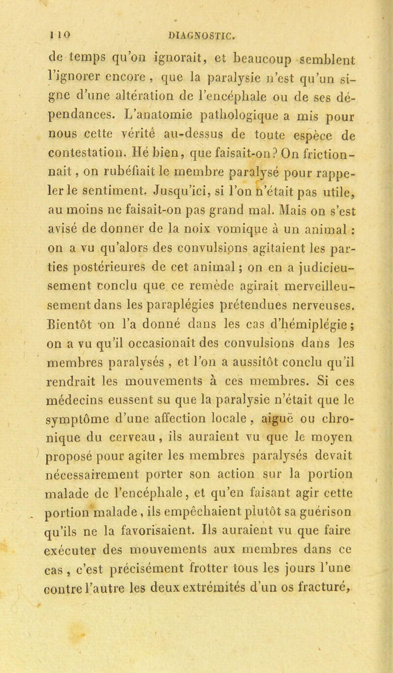 de temps qu'on ignorait, et beaucoup semblent l'ignorer encore , que la paralysie n'est qu'un si- gne d'une altération de l'encéphale ou de ses dé- pendances. L'anatomie pathologique a mis pour nous cette vérité au-dessus de toute espèce de contestation. Hé bien, que faisait-on? On friction- nait , on rubéfiait le membre paralysé pour rappe- ler le sentiment. Jusqu'ici, si l'on n'était pas utile, au moins ne faisait-on pas grand mal. Mais on s'est avisé de donner de la noix vomique à un animal : on a vu qu'alors des convulsions agitaient les par- ties postérieures de cet animal; on en a judicieu- sement conclu que ce remède agirait merveilleu- sement dans les paraplégies prétendues nerveuses. Bientôt on l'a donné dans les cas d'hémiplégie ; on a vu qu'il occasionait des convulsions dans les membres paralysés , et l'on a aussitôt conclu qu'il rendrait les mouvements à ces membres. Si ces médecins eussent su que la paralysie n'était que le symptôme d'une affection locale, aiguë ou chro- nique du cerveau, ils auraient vu que le moyen proposé pour agiter les membres paralysés devait nécessairement porter son action sur la portion malade de l'encéphale, et qu'en faisant agir cette portion malade, ils empêchaient plutôt sa guérison qu'ils ne la favorisaient. Ils auraient vu que faire exécuter des mouvements aux membres dans ce cas , c'est précisément frotter tous les jours l'une contre l'autre les deux extrémités d'un os fracturé,