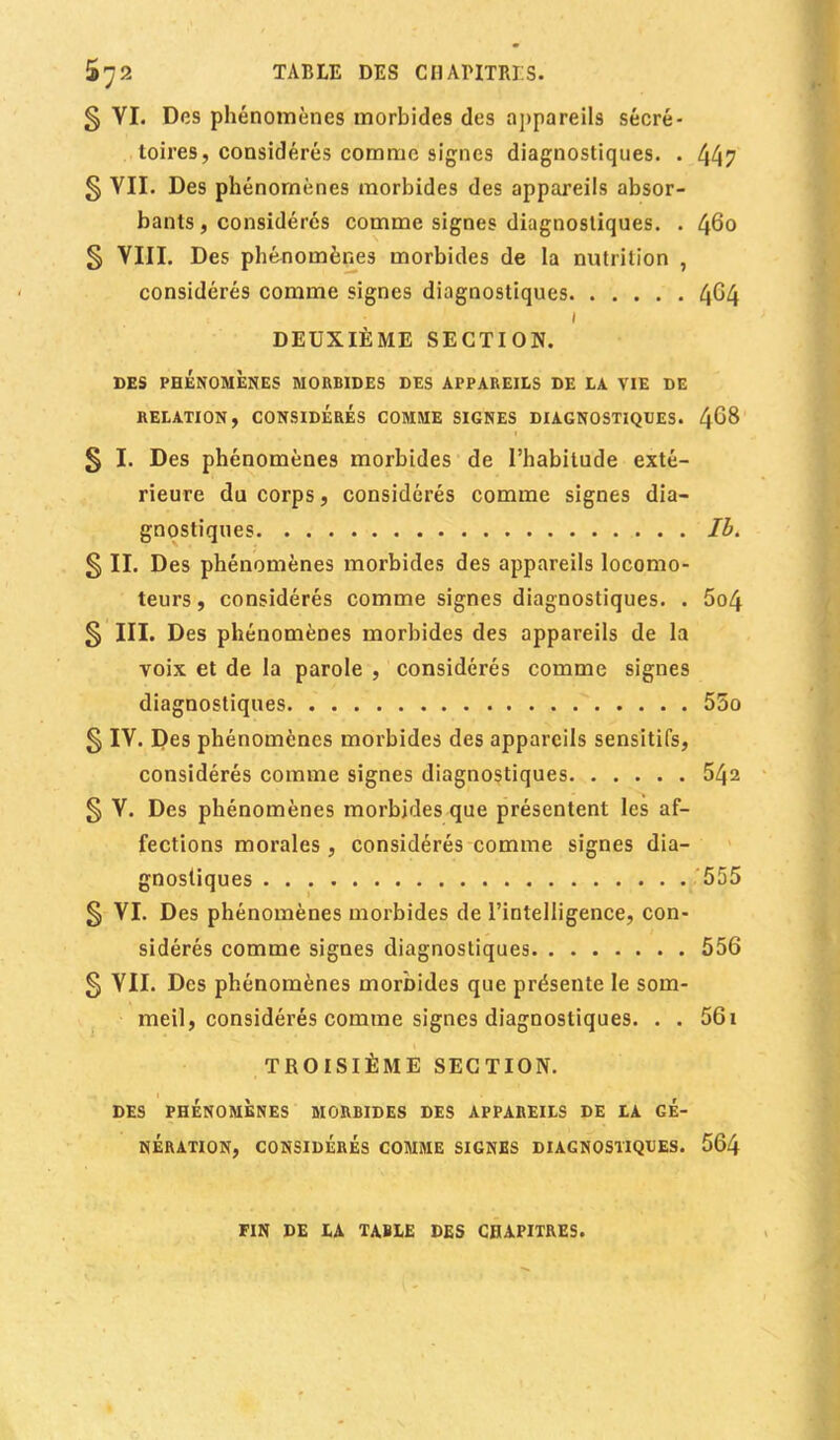 5 VI. Des phénomènes morbides des appareils sécré- toires, considérés comme signes diagnostiques. . 447 § VII. Des phénomènes morbides des appareils absor- bants, considérés comme signes diagnostiques. . 460 § VIII. Des phénomènes morbides de la nutrition , considérés comme signes diagnostiques 4^4 1 DEUXIÈME SECTION. DES PHÉNOMÈNES MORBIDES DES APPAREILS DE LA VIE DE RELATION, CONSIDÉRÉS COMME SIGNES DIAGNOSTIQUES. t{G8 § I. Des phénomènes morbides de l'habitude exté- rieure du corps, considérés comme signes dia- gnostiques II. § II. Des phénomènes morbides des appareils locomo- teurs , considérés comme signes diagnostiques. . 5o4 § III. Des phénomènes morbides des appareils de la voix et de la parole , considérés comme signes diagnostiques 55o § IV. Des phénomènes morbides des appareils sensitifs, considérés comme signes diagnostiques 542 § V. Des phénomènes morbides que présentent les af- fections morales , considérés comme signes dia- gnostiques 555 § VI. Des phénomènes morbides de l'intelligence, con- sidérés comme signes diagnostiques 556 g VII. Des phénomènes morbides que présente le som- meil, considérés comme signes diagnostiques. . . 56i TROISIÈME SECTION. DES PHÉNOMÈNES MORBIDES DES APPAREILS DE LA GÉ- NÉRATION, CONSIDÉRÉS COMME SIGNES DIAGNOSTIQUES. 564 FIN DE LA TABLE DES CHAPITRES.