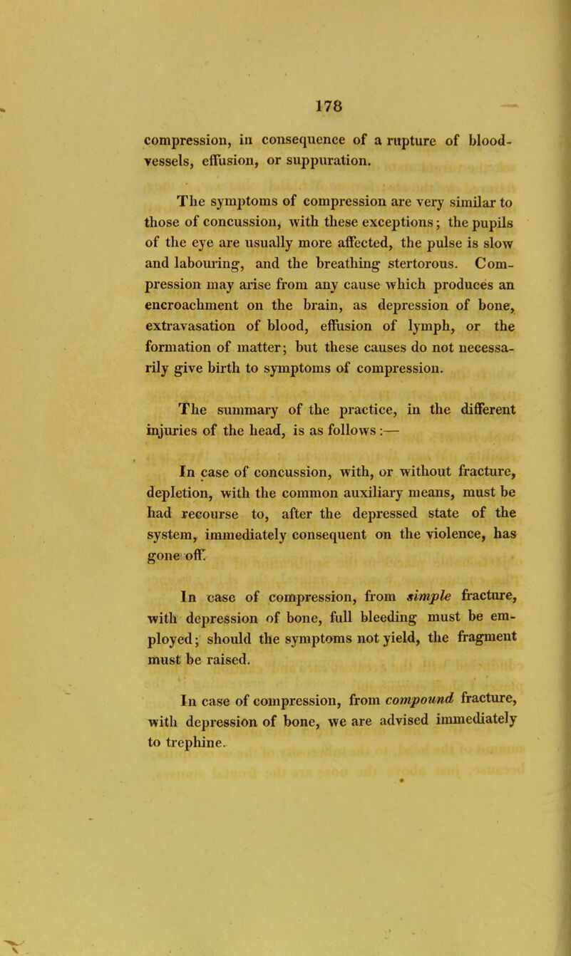 compression, in consequence of a rupture of blood- vessels, effusion, or suppuration. The symptoms of compression are very similar to those of concussion, with these exceptions; the pupils of the eye are usually more affected, the pulse is slow and labouiing', and the breathing stertorous. Com- pression may arise fi'om any cause which produces an encroachment on the brain, as depression of bone, extiavasation of blood, effusion of lymph, or the formation of matter; but these causes do not necessa- rily give birth to symptoms of compression. The summary of the practice, in the different injuries of the head, is as follows:— In case of concussion, with, or without fracture, depletion, with the common auxiliary means, must be had recourse to, after the depressed state of the system, immediately consequent on the violence, has gone'off In case of compression, from simple fracture, with depression of bone, full bleeding must be em- ployed ; should the symptoms not yield, the fragment must be raised. In case of compression, from compound fracture, with depression of bone, we are advised immediately to trephine.