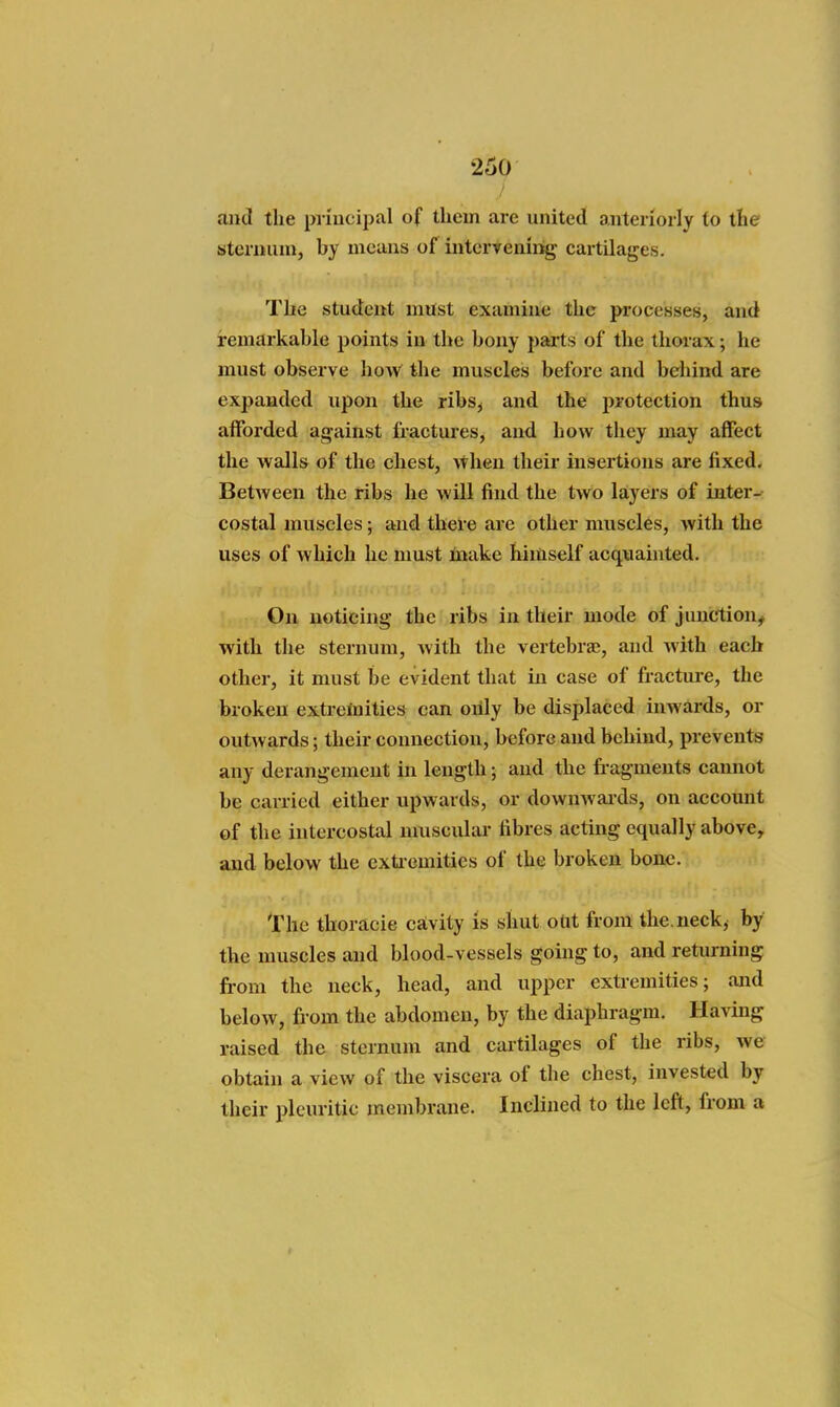 / and the principal of them are united anteriorly to the sterniun, by means of intervening cartilages. The student mttst examine the processes, and remarkable points in the bony parts of the thorax; he must observe how the muscles before and behind are expanded upon the ribs^ and the protection thus aifoi'ded against fractures, and how they may affect the walls of the chest, when their insertions are fixed. BetAveen the ribs he will find the two layers of inter- costal muscles; and there are other muscles, with the uses of which he must make hiinself acquainted. On noticing the ribs in their mode of junction^ with the sternum, with the vertebrae, and with each other, it must be evident that in case of fractiu'e, the broken extremities can oiily be displaced inwards, or outwards; their connection, before and behind, prevents any derangement in length; and the fragments cannot be carried either upwards, or downwai-ds, on account of the intercostal muscuku- fibres acting equally above, and below the extiemities of the broken bone. 'rhe thoracic cdvity is shut oUt from the.neck^ by the muscles and blood-vessels going to, and returning firom the neck, head, and upper extremities; and below, from the abdomen, by the diaphragm. Having raised the sternum and cartilages of the ribs, we obtain a view of the viscera of the chest, invested by their pleuritic membrane. Inclined to the left, from a