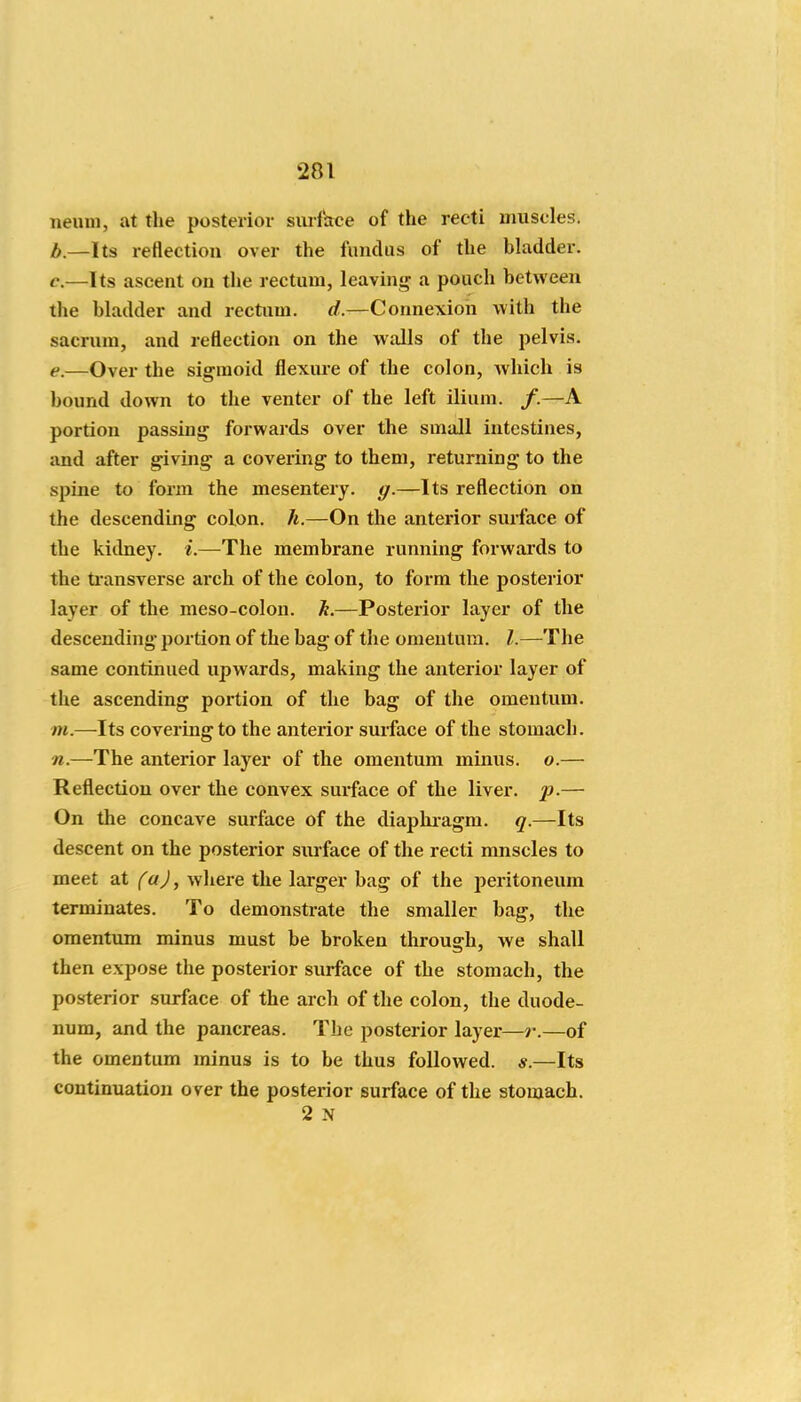 neuui, at tlie posterior surface of the recti muscles. Z>.—Its reflection over the fundus of the bladder. c.—Its ascent on the rectum, leavinij a pouch between the bladder and rectum. Connexion with the sacrum, and reflection on the walls of the pelvis. e.—Over the sigmoid flexme of the colon, which is bound down to the venter of the left ilium. /.—A portion passing forwards over the small intestines, iind after giving a covering to them, returning to the spine to form the mesentery, g.—Its reflection on the descending colon, h.—On the anterior surface of the kidney, i.—The membrane running forwards to the transverse arch of the colon, to form the posterior layer of the meso-colon. Ti.—Posterior layer of the descending portion of the bag of the omentum. I.—The same continued upwards, making the anterior layer of the ascending portion of the bag of the omentum. m.—Its covering to the anterior surface of the stomach. n.—The anterior layer of the omentum miims. o.— Reflection over the convex surface of the liver, p.— On the concave surface of the diaphragm, q.—Its descent on the posterior surface of the recti mnscles to meet at (a), where the larger bag of the peritoneum terminates. To demonstrate the smaller bag, the omentum minus must be broken through, we shall then expose the posterior surface of the stomach, the posterior surface of the arch of the colon, the duode- num, and the pancreas. The posterior layer—r.—of the omentum minus is to be thus followed. *.—Its continuation over the posterior surface of the stomach. 2 N