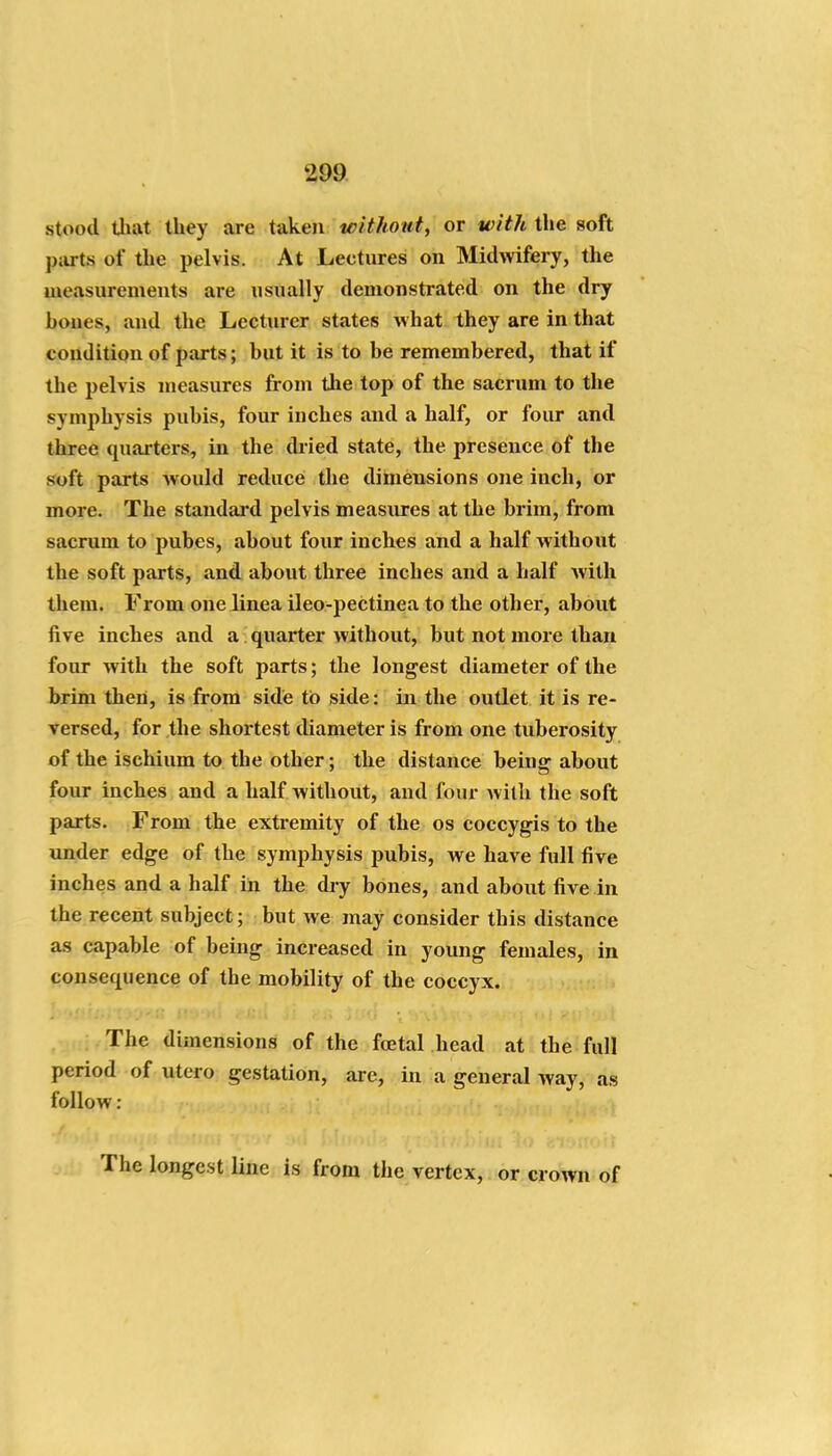 stood that they are taken without, or with the soft parts of the pelvis. At Lectures on Midwifery, the measurements are usually demonstrated on the dry bones, and the Lecturer states what they are in that condition of parts; but it is to be remembered, that if the pelvis measures from the top of the sacrum to the symphysis pubis, four inches and a half, or four and three quarters, in the dried state, the presence of the soft parts would reduce the dimensions one inch, or more. The standai'd pelvis measures at the brim, from sacrum to pubes, about four inches and a half without the soft parts, and about three inches and a half with them. From one linea ileo-pectinea to the other, about five inches and a i quarter without, but not more than four with the soft parts; the longest diameter of the brim then, is from side to side: in the outlet it is re- versed, for the shortest diameter is from one tuberosity of the ischium to the other; the distance being about four inches and a half without, and four Avilli the soft parts. From the extremity of the os coccygis to the under edge of the symphysis pubis, we have full five inches and a half in the diy bones, and about five in the recent subject; but we may consider this distance as capable of being increased in young females, in consequence of the mobility of the coccyx. . , The dimensions of the foetal head at the full period of utero gestation, are, in a general way, as follow: The longest line is from the vertex, or crown of