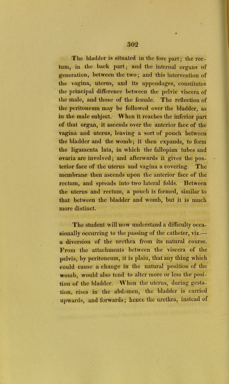 The bladder is situated in the fore part; the rec- tum, in the back part; and the internal organs of generation, between the two; and this intervention of the vagina, uterus, and its appendages, constitutes the principal difference between the pelvic viscera of the male, and those of the female. The reflection of the peritoneum may be followed over the bladder, as in the male subject. When it reaches the inferior part of that organ, it ascends over the anterior face of the vagina and uterus, leaving a sort of pouch between the bladder and the womb; it then expands, to form the ligamenta lata, in which the fallopian tubes and ovaria are involved; and afterwards it gives the pos- terior face of the uterus and vagina a covering. The membrane then ascends upon the anterior face of the rectum, and spreads into two lateral folds. Between the uterus and rectum, a pouch is formed, similar to that between the bladder and womb, but it is much more distinct. The student will now understand a difficulty occa- sionally occurring to the passing of the catheter, viz.— a diversion of the urethra from its natural course. From the attachments between the viscera of the pelvis, by peritoneum, it is plain, that any tiling which could cause a change in the natural position of the womb, would also tend to alter more or less the posi- tion of the bladder. When the uterus, during gesta- tion, rises in the abdomen, the bladder is earned upwards, and forwards; hence the urethra, iustcad of