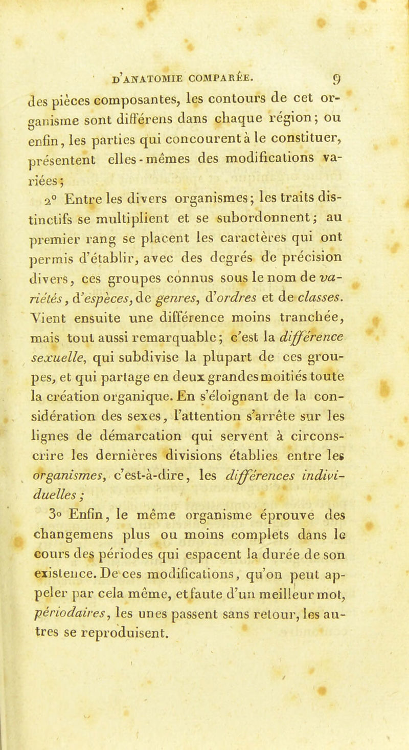 des pièces composantes, les contours de cet or- canisme sont différens dans chaque région; ou enfin, les parties qui concourent a le constituer, présentent elles-mêmes des modifications va- riées ; 2° Entre les divers organismes; les traits dis- tinctifs se multiplient et se subordonnent; au premier rang se placent les caractères qui ont permis d'établir, avec des degrés de précision divers, ces groupes connus sous le nom de va- riétés, d'espèces, de genres, ordres et de classes. Vient ensuite une différence moins tranchée, mais tout aussi remarquable ; c'est la différence sexuelle, qui subdivise la plupart de ces grou- pes, et qui partage en deux grandes moitiés toute la création organique. En s'éloignanl de la con- sidération des sexes, l'attention s'arrête sur les lignes de démarcation qui servent à circons- crire les dernières divisions établies entre les organismes^ c'est-à-dire, les différences indivi- duelles ; 3o Enfin, le même organisme éprouve des changemens plus ou moins complets dans le cours des périodes qui espacent la durée de son existence. De ces modifications, qu'on peut ap- peler par cela même, et faute d'un meilleur mol, j)ériodaires, les unes passent sans retour, les au- tres se reproduisent.