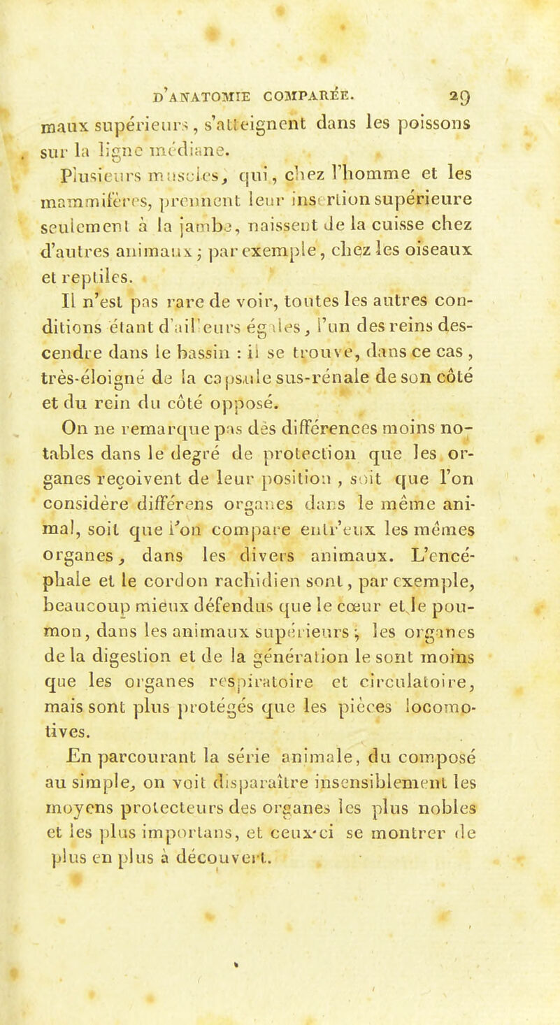 maux supérieurs , s'atteignent dans les poissons sur la ligne médiane. Plusieurs miiscics^ qui, cliez Vhomme et les mammifères, prennent leur inscrlion supérieure seulcmenl à la jambj, naissent Je la cuisse chez d'autres animaux ; ])ar exemple, chez les oiseaux et reptiles. Il n'est pas rare de voir, toutes les autres con- ditions étant d'aiTeurs ég iles, l'un des reins des- cendre dans le bassin : il se trouve, dans ce cas , très-éloigné de la caps-iile sus-rénale de son côté et du rein du côté opposé. On ne remarque pas dés difFérences moins noj tables dans le degré de protection que les or- ganes reçoivent de leur position , s.îit que l'on considère difFérens or^ai^es dans le même ani- mal, soit que l'on compare entr'tux les mêmes organes^ dans les divers animaux. L'encé- phale et le cordon rachidien sont, par exemple, beaucoup mieux défendus que le cœur etje pou- mon, dans les animaux supiuieurs ^ les organes delà digestion et de la génération le sont moins que les organes respiratoire et circulatoire, mais sont plus protégés que les pièces locomo- tives. En parcourant la série animale, du composé au simple^ on voit disparaître insensiblement les moyens protecteurs des organes les plus nobles et les plus importans, et ceux-ci se montrer de plus en plus à découvert.