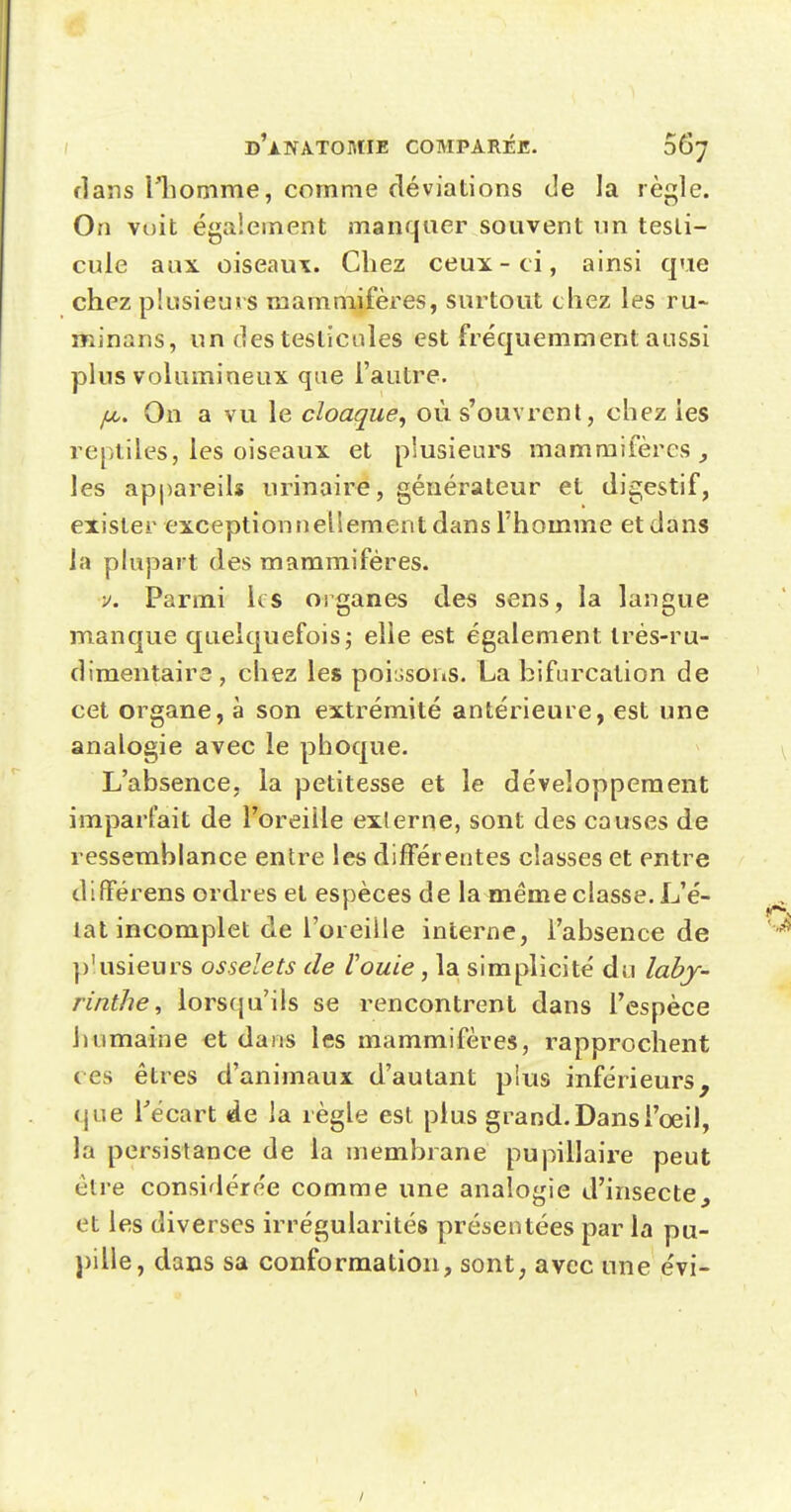 flans l'iiomme, comme déviations de la règle. On vt)it également manquer souvent un testi- cule aux oiseaux. Chez ceux-ci, ainsi que chez plusieurs mammifères, surtout chez les ru~ minans, un des testicules est fréquemment aussi plus volumineux que l'autre. jju. On a vu le cloaque^ où s'ouvrent, chez les reptiles, les oiseaux et plusieurs mammifères^ les appareil» urinaire, générateur et digestif, exister exceptionnellement dans l'homme et dans la plupart des mammifères. ■V. Parmi les organes des sens, la langue manque quelquefois j elle est également trés-ru- dimentaire, chez les poissons. La bifurcation de cet organe, à son extrémité antérieure, est une analogie avec le phoque. L'absence, la petitesse et le développement imparfait de l'oreille externe, sont des causes de ressemblance entre les différentes classes et entre dilTérens ordres et espèces de la même classe. L'é- tat incomplet de l'oreiile interne, l'absence de p'usieurs osselets de Vouie, la simplicité du laby- rinthe, lorsqu'ils se rencontrent dans l'espèce humaine €t dans les mammifères, rapprochent ces êtres d'animaux d'autant plus inférieurs, que l'écart «le la règle est plus grand. Dans l'œil, la persistance de la membrane pupillaire peut être considérée comme une analogie d'insecte, et les diverses irrégularités présentées par la pu- pille, dans sa conformation, sont, avec une évi-