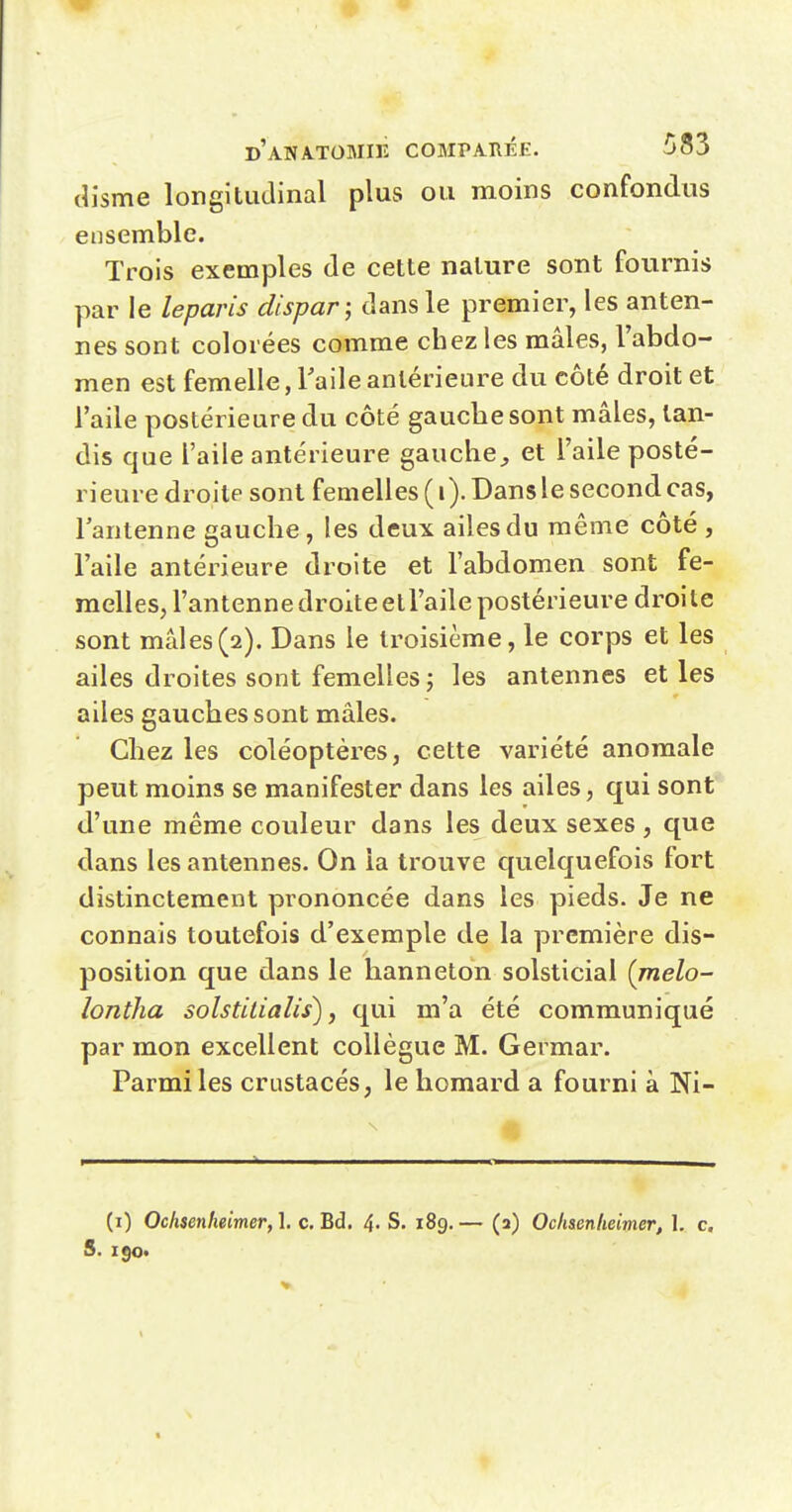 (iîsme longitudinal plus ou moins confondus ensemble. Trois exemples de cette nature sont fournis par le leparis dispar; dans le premier, les anten- nes sont colorées comme chez les mâles, l'abdo- men est femelle, Taile antérieure du côté droit et l'aile postérieure du côté gauche sont mâles, tan- dis que l'aile antérieure gauche^ et l'aile posté- rieure droite sont femelles ( i). Dans le second cas, l'antenne gauche, les deux ailes du même côté , l'aile antérieure droite et l'abdomen sont fe- melles, l'antenne droite etl'aile postérieure droite sont mâles(2). Dans le troisième, le corps et les ailes droites sont femelles ; les antennes et les ailes gauches sont mâles. Chez les coléoptères, cette variété anomale peut moins se manifester dans les ailes, qui sont d'une même couleur dans les deux sexes, que dans les antennes. On la trouve quelquefois fort distinctement prononcée dans les pieds. Je ne connais toutefois d'exemple de la première dis- position que dans le hanneton solsticial (melo- lontha solstitialis) y qui m'a été communiqué par mon excellent collègue M. Germar. Parmi les crustacés, le homard a fourni à Ni- (i) Ochienheimer, 1. c. Bd. 4. S. 189. — (2) Ocksenlieimer, 1, c. S. 190»