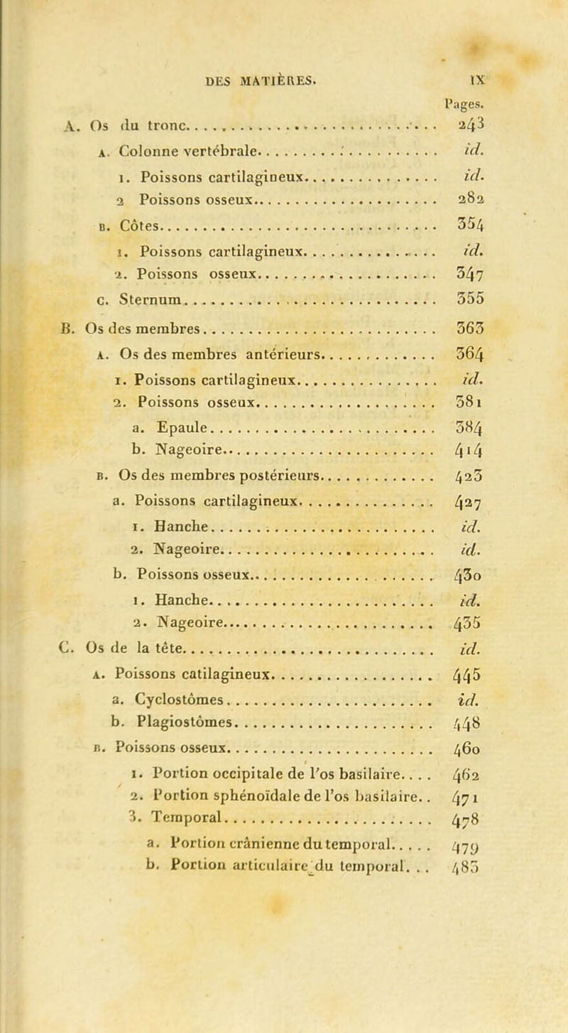 Pages. A. Os du tronc 243 a. Colonne vertébrale .' id. i. Poissons cartilagineux id. i Poissons osseux 283 b. Côtes 354 î. Poissons cartilagineux id. a. Poissons osseux 347 c. Sternum 355 B. Os des membres 363 A. Os des membres antérieurs , 364 1. Poissons cartilagineux id. 2. Poissons osseux 581 a. Epaule 384 b. Nageoire b. Os des membres postérieurs 423 a. Poissons cartilagineux 437 1. Hanche id. 2. Nageoire id. b. Poissons osseux r 43o 1. Hanche id. 2. Nageoire 435 C. Os de la tête id. a. Poissons catilagineux 445 a. Cyclostômes id. b. Plagiostômes 448 n. Poissons osseux 460 1. Portion occipitale de l'os basilaire.. . . 462 2. l'ortion sphénoïdale de l'os basilaire.. 471 °y. Temporal 478 a. Portion crânienne du temporal ^-jy b. Portion articulaire du temporal. . . 485