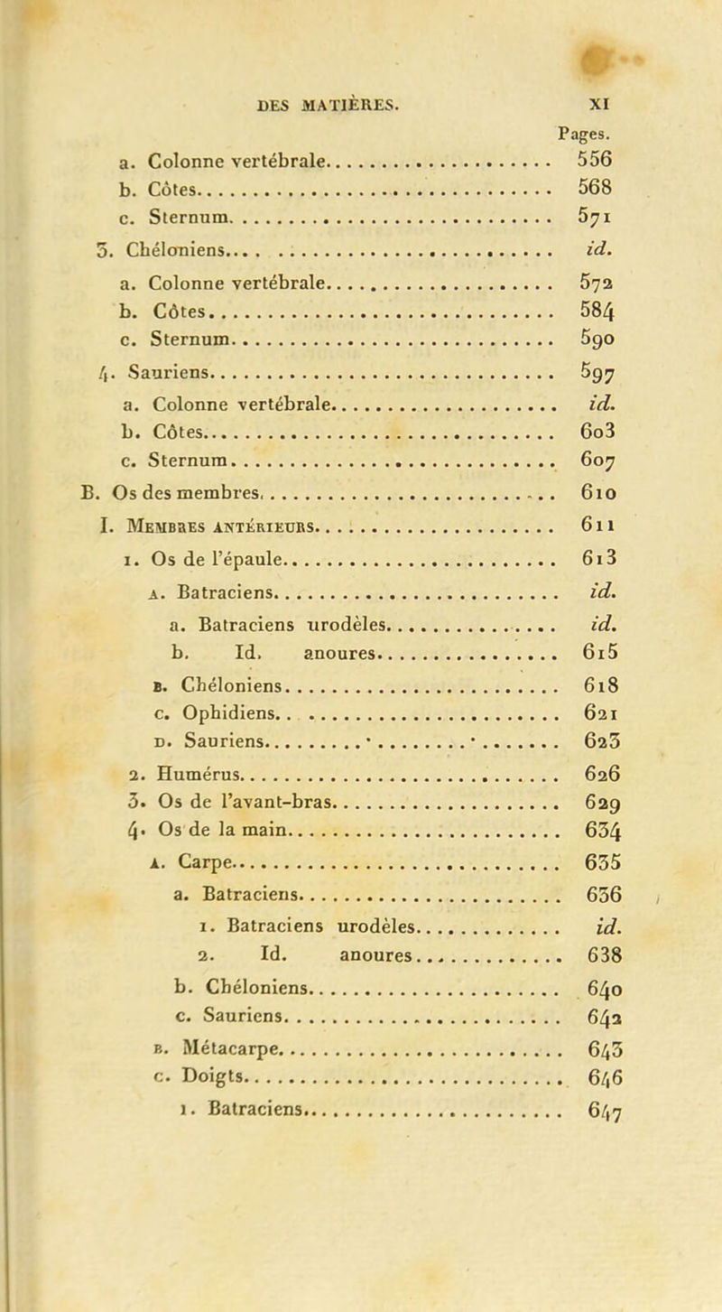 »... DES MATIÈRES. XI Pages. a. Colonne vertébrale 556 b. Côtes 568 c. Sternum 5yi 5. Chéloniens id. a. Colonne vertébrale 57a b. Côtes 584 c. Sternum 5cjO 4- Sauriens 5gy a. Colonne vertébrale id. b. Côtes 6o3 c. Sternum 607 B. Os des membres 610 I. Membres antérieurs 611 1. Os de l'épaule 6i3 a. Batraciens id. a. Batraciens tirodèles id. b. Id, anoures 6i5 B. Chéloniens 618 c. Ophidiens 621 d. Sauriens • ■ 6a5 2. Humérus 626 3. Os de l'avant-bras 629 4- Os de la main 634 a. Carpe 635 a. Batraciens 656 1. Batraciens urodèles id. 2. Id. anoures 638 b. Chéloniens 640 c. Sauriens 642 e. Métacarpe 643 c. Doigts 6/,6 1. Batraciens 647