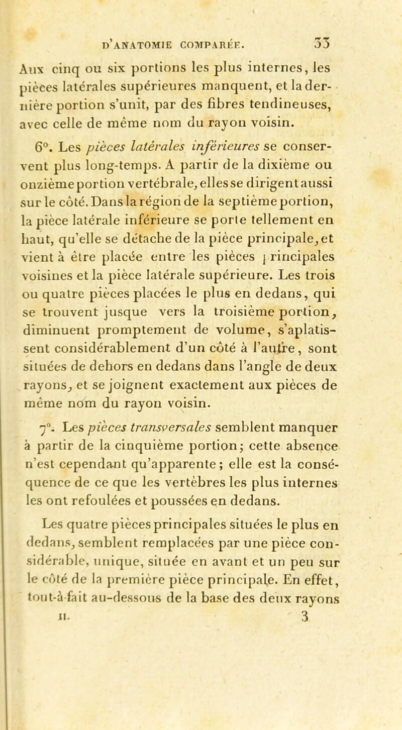 Aux cinq ou six portions les plus internes, les pièces latérales supérieures manquent, et la der- nière portion s'unit, par des fibres tendineuses, avec celle de même nom du rayon voisin. 6°. Les pièces latérales inférieures se conser- vent plus long-temps. A partir de la dixième ou onzième portion vertébrale, ellesse dirigent aussi sur le côté. Dans la région de la septièmeportion, la pièce latérale inférieure se porte tellement en haut, qu'elle se détache de la pièce principale, et vient à être placée entre les pièces j rincipales voisines et la pièce latérale supérieure. Les trois ou quatre pièces placées le plus en dedans, qui se trouvent jusque vers la troisième portion, diminuent promptement de volume, s'aplatis- sent considérablement d'un côté à l'autre, sont situées de dehors en dedans dans l'angle de deux rayons, et se joignent exactement aux pièces de même nom du rayon voisin. 70. Les pièces transversales semblent manquer à partir de la cinquième portion; cette absence n'est cependant qu'apparente; elle est la consé- quence de ce que les vertèbres les plus internes les ont refoulées et poussées en dedans. Les quatre pièces principales situées le plus en dedans, semblent remplacées par une pièce con- sidérable, unique, située en avant et un peu sur le côté de la première pièce principale. En effet, tout-à-fait au-dessous de la base des deux rayons H. 3