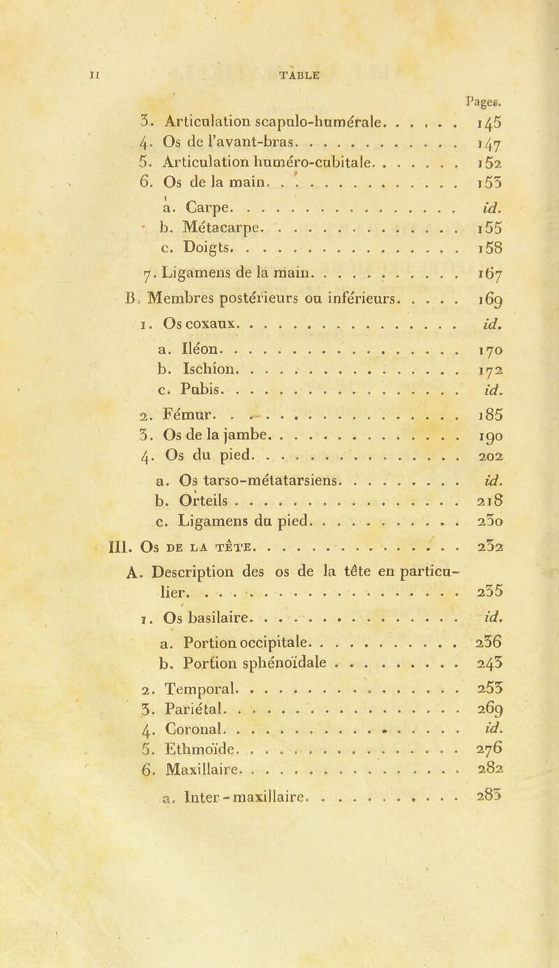 II TABLE Pages. 3. Arlicnlation scapalo-liamérale 145 4. Os de i'avant-bras 147 5. Articulation hutnéro-cabitale i52 6. Os de la main i55 a. Cai'pe id. ■ h. Métacarpe i55 c. Doigts i58 7. Ligamens de la main 167 Membres postérieurs on inférieurs 169 1. Oscoxanx id. a. Iléon 170 b. Ischion 172 c. Pubis id. 2. Fémur. . j85 5. Os de la jambe 190 4. Os du pied 202 a. Os tarso-mélatarsiens id. b. Orteils 218 c. Ligamens du pied 25o III. Os DE liA TETE 232 A. Description des os de la téte en particu- lier. 235 1. Os basilaire id. a. Portion occipitale 256 b. Portion sphénoïdale 245 2. Temporal 255 5. Pariétal 269 4. Coronal id. 5. Ethmoïde 276 6. Maxillaire 282 a, Inter-maxillaire 285