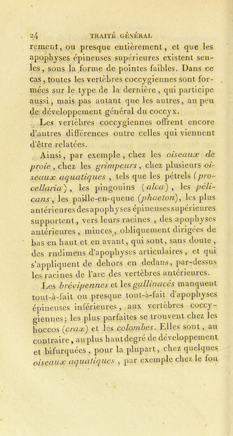 remciit, ou presque enllèrement, et qL4e les apophyses épineuses supérieures existent seu- les, sous la forme de pointes faibles. Dans ce cas, toutes les vertèbres coccygiennes sont for- mées sur le type de la dernière , qui participe aussi, mais pas autant que les autres, au peu de développement général du coccyx. Les vertèbres coccygiennes offrent encore d'autres différences outre celles qui viennent d'être relatées. Ainsi, par exemple , cliez les oiseaux de proie , chez les grimpeurs, chez plusieurs oi- seaux aquatiques , tels que les pétrels {pro- cellaria) , les pingouins [alca] , les péli- cans, les paille-en-queue (phaeto/i), les plus antérieures des apophyses épineuses supérieures supportent, vers leurs racines , des. apophyses antérieures, minces , obliquement dirigées de ■ bas en haut et en avant, qui sont, sans doute , des rudiméns d'apophyses articulaires , et qui s'appliquent de dehors en dedans, par-dessus les racines de l'arc des vertèbres antérieures. Les hrévipennes et les gallinacés manquent tout-à-fait ou presque lout-à-fait d'apophyses épineuses inférieures, aux vertèbres coccy- giennes j les plus parfaites se trouvent chez les hoccos (crax) et les colombes. Elles sont, au contraire, au plus haut degré de développement et bifurquées , pour la plupart, chez quelques oiseaux aquatiques , par exemple chez le fou