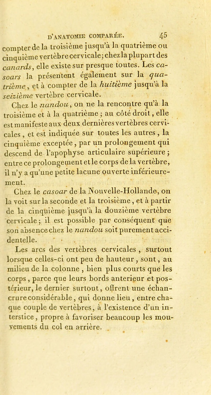 compter de la troisième jusqu'à la quatrième ou cinquième vertèbre cervicale; chezla plupart des canards, elle existe sur presque toutes. Les ca- soars la présentent également sur la qua- trième, et à compter de la huitième jusqu'à la seizième vertèbre cervicale. Chez le nandou, on ne la rencoiitre qu'à la troisième et à la quatrième ; au côté droit, elle est manifeste aux deux dernières vertèbres cervi- cales , et est indiquée sur toutes les autres , la cinquième exceptée, par un prolongement qui descend de l'apopbyse articulaire supérieure j entre ce prolongement et le corps de la vertèbre, il n'y a qu'une petite lacune ouverte inférieure- ment. Chez le casoar de la Nouvelle-Hollande, on la voit sur la seconde et la troisième, et à partir de la cinquième jusqu'à la douzième vertèbre cervicale ; il est possible par conséquent que son absence chez le nandou soit purement acci- dentelle. • . Les arcs des vertèbres cervicales , surtout lorsque celles-ci ont peu de hauteur, sont, au milieu de la colonne , bien plus courts que les corps , parce que leurs bords antérieur et pos- térieur, le dernier surtout, offrent une échan- crure considérable, qui donne lieu, entre cha- que couple de vertèbres, à l'existence d'un in- terstice , propre à favoriser beaucoup les mou- vements du col en arrière.