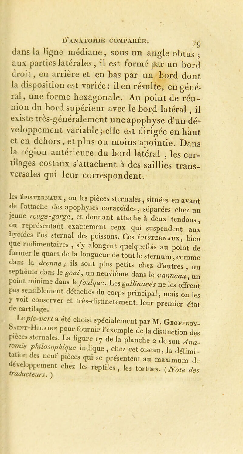 dans la ligne médiane, sous un angle obtus ; aux parties latérales , il est formé jiar un bord droit, en arrière et en bas par un bord dont la disposition est variée : il en résulte, en géné- ral , une forme hexagonale. Au point de réu- nion du bord supérieur avec le bord latéral, il existe très-généralement une apophyse d'un dé- veloppement variable 5-elle est dirigée en haut et en dehors, et plus ou moins apointie. Dans la région antérieure du bord latéral , les car- tilages costaux s'attachent à des saillies trans- versales qui leur correspondent. les ipisTERNAus, ou les pièces sternales, sitae'es en avant de l'attache des apophyses coracoïdes, sépare'es chez an jeune rouge-gorge, et donnant attache à deux tendons, ou représentant exactement ceux qui suspendent aux hyoïdes l'os sternal des poissons. Ces épisternaux, bien que rudimeutaîres , s'y alongent quelquefois aa point de former le quart de la longueur de tout le sternum , comme dans la drenne; ils sont plus petits chez d'autres , un septième dans le geai, un neuvième dans le vanneau un pomt minime dans \efoulque, hes gallinacés ne les offrent pas sensiblement détachés du corps principal, mais on les y voit conserver et très-distinctement, leur premier état de cartilage. Lepic-vert a été choisi spécialement par M. Geoffroy- bAi>T-HiLAiRE pour foumir l'exemple de la distinction des pièces sternales. La figure 17 de la planche 2 de son Ana- torme philosophique indique , chez cet oiseau, la délimi- tauon des neuf pièces qui se présentent au maximum de développement chez les reptiles, les tortues. {Note des traducteurs. )