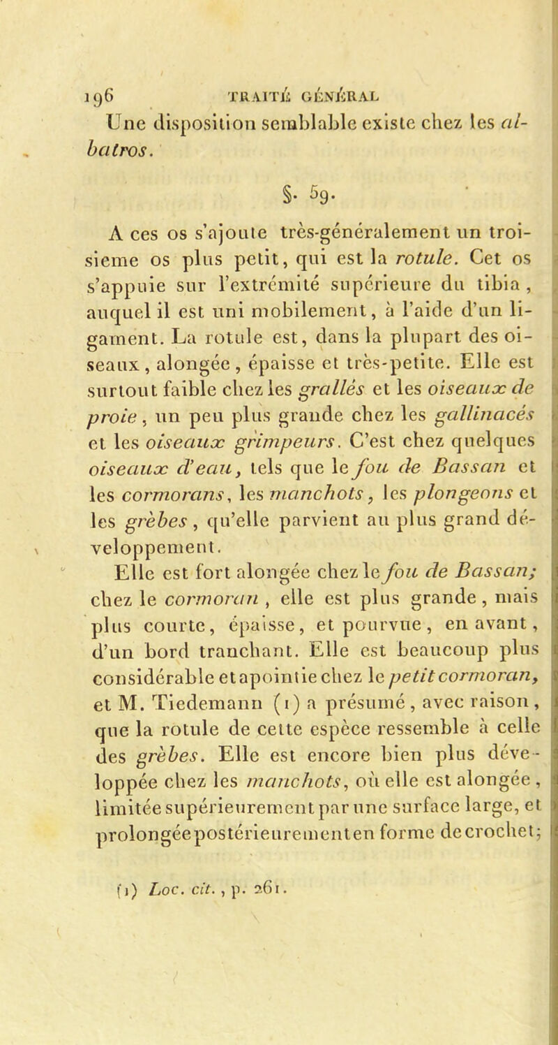 J96 TRAlT/i GÉNjiRAL Une disposition semblable existe chez les al- batros. §• A ces os s'ajoute très-généralemenl un troi- sième os plus petit, qui est la rotule. Cet os s'appuie sur l'extrcmité supérieure du tibia , auquel il est uni mobilement, à l'aide d'un li- gament. La rotule est, dans la plupart des oi- seaux, alongée, épaisse et très-petite. Elle est surtout faible chez les grallés et les oiseaux de proie, un peu plus grande chez les gallinacés et les oiseaux grimpeurs. C'est chez quelques oiseaux d'eau, tels que le fou de Bossan et les cormorans, les manchots, les plongeons et les grèbes, qu'elle parvient au plus grand dé- veloppement. Elle est fort alongée chez le fou de Bassan; chez le cormoran , elle est plus grande, mais plus courte, épaisse, et pourvue, en avant, d'un bord tranchant. Elle est beaucoup plus considérable etapointie chez le petit cormoran, et M. Tiedemann (i) a présumé, avec raison, que la rotule de celte espèce ressemble à celle des grèbes. Elle est encore bien plus déve - loppée chez les manchots., où elle est alongée , limitée supérieurement par une surface large, et prolongée postérieurementen forme de crochet; f j) Loc. cit., p. 261.