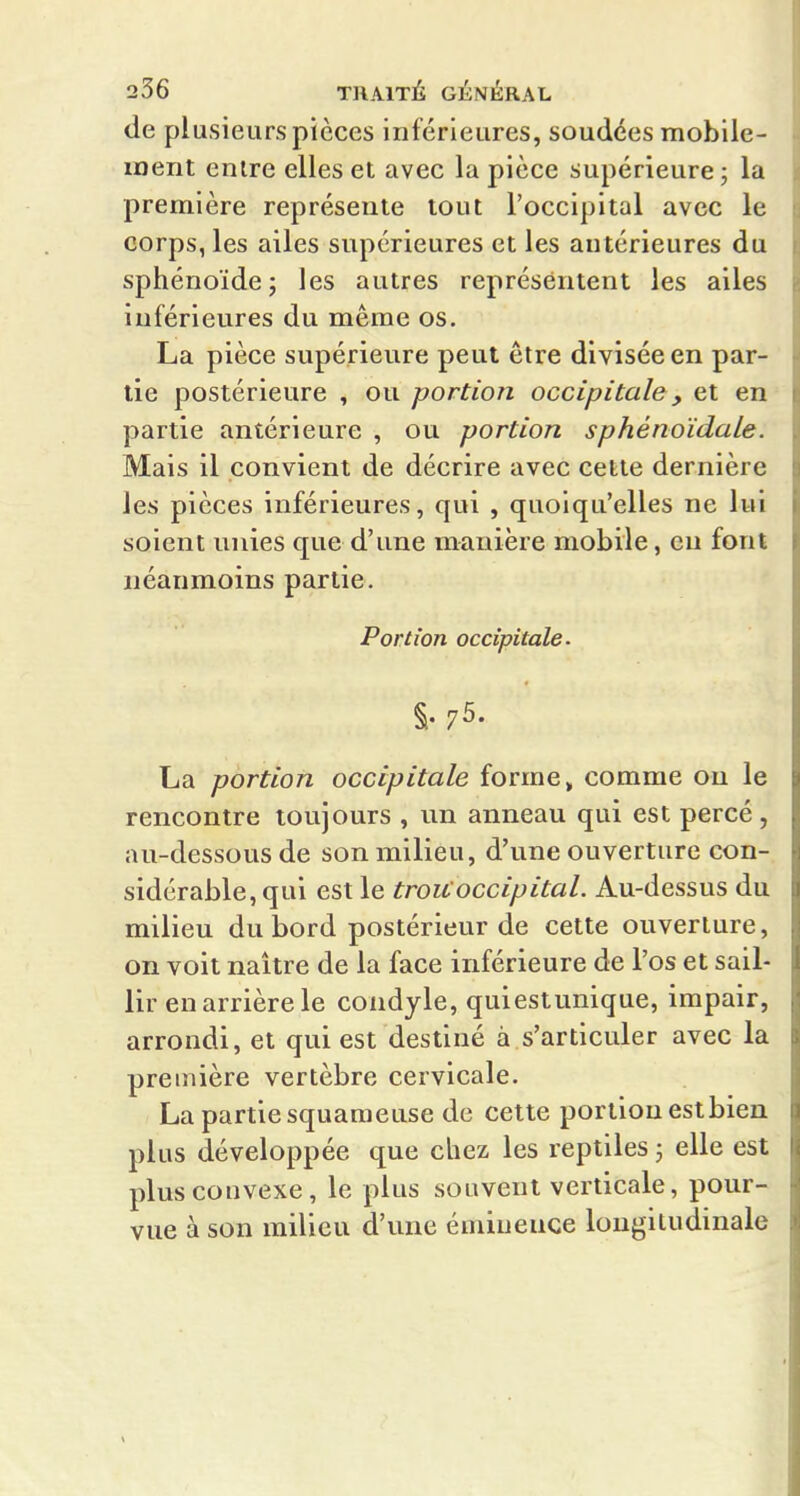 de plusieurs pièces inférieures, soudées mobile- ment enlre elles et avec la pièce supérieure ; la première représente tout l'occipital avec le corps, les ailes supérieures et les antérieures du sphénoïde; les autres représentent les ailes inférieures du même os. La pièce supérieure peut être divisée en par- tie postérieure , ou portion occipitale, et en' partie antérieure , ou portion sphénoïdale. Mais il convient de décrire avec cette dernière les pièces inférieures, qui , quoiqu'elles ne lui soient unies que d'une manière mobile, en font néanmoins partie. Portion occipitale. S- 75. La portion occipitale forme» comme on le rencontre toujours , un anneau qui est percé, au-dessous de son milieu, d'une ouverture con- sidérable, qui est le trou occipital. Au-dessus du milieu du bord postérieur de cette ouverture, on voit naître de la face inférieure de l'os et sail- lir en arrière le condyle, quiestunique, impair, arrondi, et qui est destiné à s'articuler avec la première vertèbre cervicale. La partie squameuse de cette portion estbien plus développée que chez les reptiles 3 elle est plus convexe, le plus souvent verticale, pour- vue à son milieu d'une émiueuce longitudinale