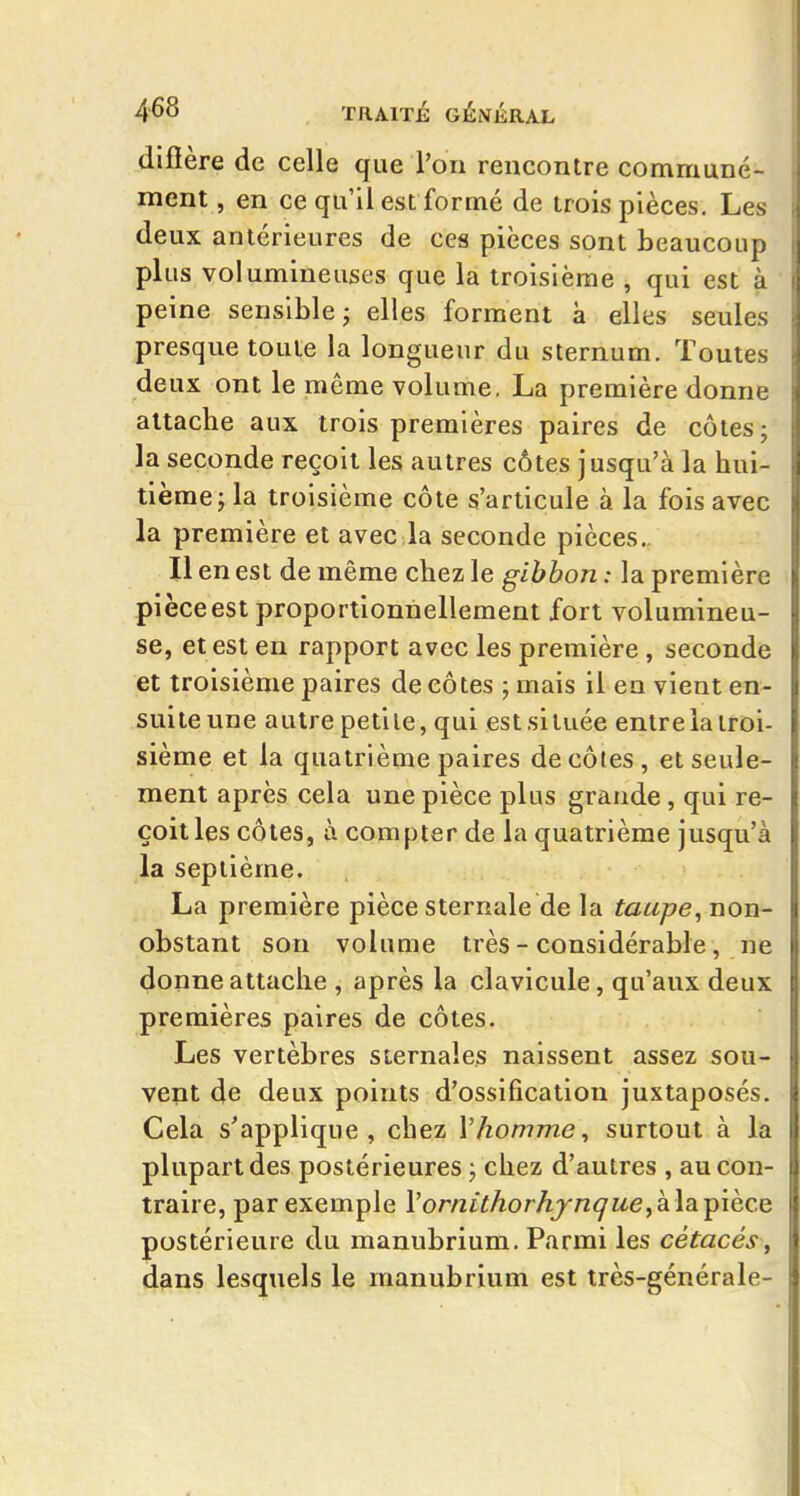 difière de celle que l'on rencontre communé- ment , en ce qu'il est formé de trois pièces. Les deux antérieures de ces pièces sont beaucoup plus vol umineuses que la troisième , qui est à peine sensible; elles forment à elles seules presque toute la longueur du sternum. Toutes deux ont le même volume. La première donne attache aux trois premières paires de côtes; la seconde reçoit les autres côtes jusqu'à la hui- tième; la troisième côte s'articule à la fois avec la première et avec la seconde pièces.. Il en est de même chez le gibbon : la première pièce est proportionnellement fort volumineu- se, et est en rapport avec les première, seconde et troisième paires de côtes ; mais il en vient en- suite une autre petite, qui est située entre la troi- sième et la quatrième paires décotes, et seule- ment après cela une pièce plus grande, qui re- çoit les côtes, à compter de la quatrième jusqu'à la septième. La première pièce sternale de la taupe, non- obstant son volume très - considérable, ne donne attache , après la clavicule, qu'aux deux premières paires de côtes. Les vertèbres sternales naissent assez sou- vept de deux points d'ossification juxtaposés. Cela s'applique, chez \ homme ^ surtout à lia plupart des postérieures ; chez d'autres , au con- traire, par exemple l'ornithorhjnque,àla^'ièce postérieure du manubrium. Parmi les cétacés^ dans lesquels le manubrium est très-générale-