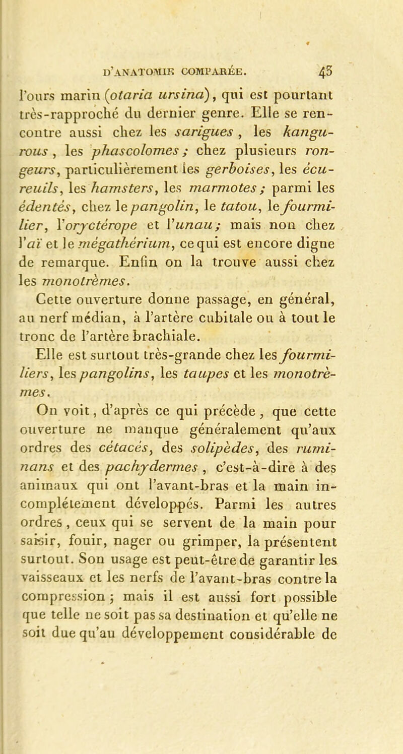 l'ours marin (otaria ursina), qui est pourtant très-rapproclié du dernier genre. Elle se ren- contre aussi chez les sarigues , les kangu- rous , les phascolomes ; chez plusieurs ron- geurs, particulièrement les gerboises, les écu- reuils, les hamsters, les marmotes ; parmi les édentés, chez le pangolin, le tatou, le fourmi- lier, Vorjctérope et Vunau; mais non chez \aï et le mégathérium, ce qui est encore digne de remarque. Enfin on la trouve aussi chez les monotremes. Cette ouverture donne passage, en général, au nerf médian, à l'artère cubitale ou à tout le tronc de l'artère brachiale. Elle est surtout très-grande chez les fourmi- liers, les pangolins, les taupes et les monotre- mes. On voit, d'après ce qui précède, que cette ouverture ne manque généralement qu'aux ordres des cétacés^ des solipedes, des rumi- nans et des pachydermes , c'est-à-dire à des animaux qui ont l'avant-bras et la main in- complètement développés. Parmi les autres ordres , ceux qui se servent de la main pour sairîir, fouir, nager ou grimper, la présentent surtout. Son usage est peut-être de garantir les vaisseaux et les nerfs de l'avant-bras contre la compression j mais il est aussi fort possible que telle ne soit pas sa destination et qu'elle ne soit due qu'au développement considérable de