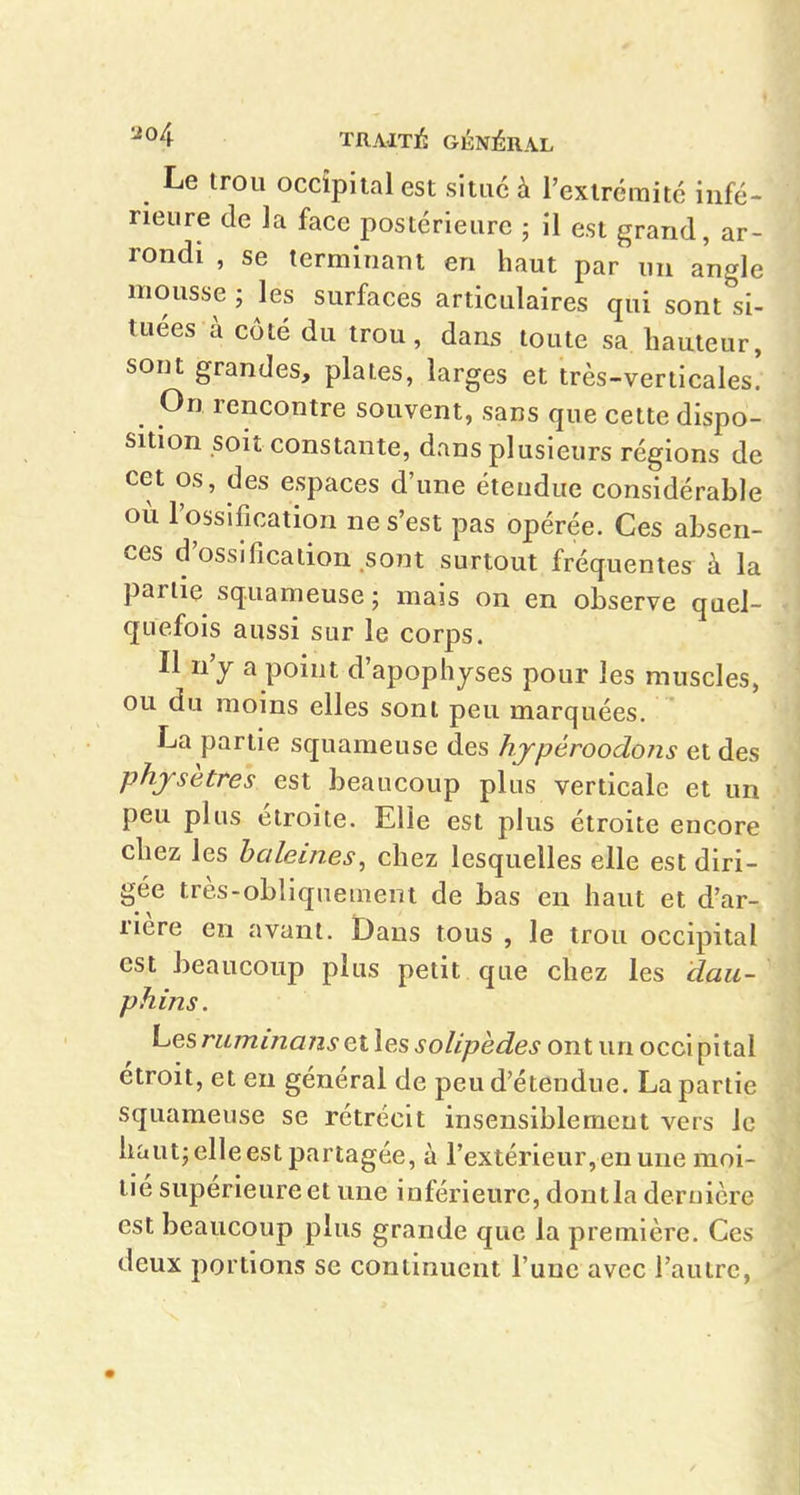 Le trou occipital est situé à l'extrémité infé- rieure de la face postérieure ; il est grand, ar- rondi , se terminam en haut par un angle mousse ; les surfaces articulaires qui sont si- tuées à côté du trou, dans toute sa hauteur, sont grandes, plates, larges et très-verticales! On rencontre souvent, sans que cette dispo- sition soit constante, dans plusieurs régions de cet os, des espaces d'une étendue considérable où l'ossification ne s'est pas opérée. Ces absen- ces d'ossification sont surtout fréquentes à la partie squameuse; mais on en observe quel- quefois aussi sur le corps. Il n'y a point d'apophyses pour les muscles, ou du moins elles sont peu marquées. La partie squameuse des hjpéroodons et des phjsètres est beaucoup plus verticale et un peu plus étroite. Elle est plus étroite encore chez les baleines, chez lesquelles elle est diri- gée très-obliquement de bas en haut et d'ar- rière en avant. Dans tous , le trou occipital est beaucoup plus petit que chez les dau- phins. Les ruminans et les solipèdes ont un occi pital étroit, et en général de peu d'étendue. La partie squameuse se rétrécit insensiblement vers le haut; elle est partagée, à l'extérieur, en une moi- tié supérieure et une inférieure, dontla dernière est beaucoup plus grande que la première. Ces deux portions se continuent l'une avec l'autre,