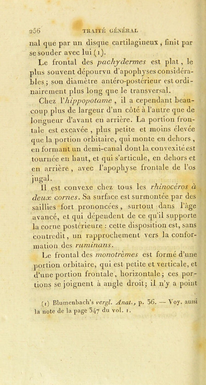 liai que par un disque cartilagineux , finit par se souder avec lui(i). Le frontal des pachydermes est plat, le plus souvent dépourvu d'apophyses considéra- bles ; son diamètre antéro-postérieur est ordi- nairement plus long que le transversal. Chez Vhippopotame , il a cependant beau- coup plus de largeur d'un côté à l'autre que de loniiueur d'avant en arrière. La portion fron- laie est excavee , plus petite et moins élevée que la portion orbitaire, qui monte en dehors , en formant un demi-canal dont la convexité est tournée en haut, et qui s'articule, en dehors et en arrière , avec l'apophjse frontale de l'os jugal. Il est convexe chez tous les rhinocéros à deux cornes. Sa surface est surmontée par des saillies fort prononcées, surtout dans l'âge avancé, et qui dépendent de ce qu'il supporte la corne postérieure : celte disposition est, sans contredit, un rapprochement vers la confor- mation des ruminans. Le frontal des monotremes est formé d'une portion orbitaire, qui est petite et verticale, et d'une portion frontale, horizontale j ces por- tions se joignent à angle droitj il n'y a point (i) Blumenbach's vergL. Anat., p. 56. — Voy. aussi la note de la page 347 vol. i.