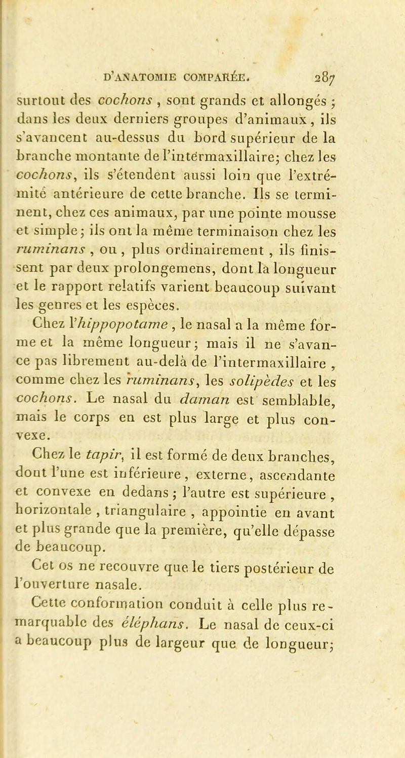 surtout des cochons , sont grands et allongés ; dans les deux derniers groupes d'animaux, ils s'avancent au-dessus du bord supérieur delà branche montante de l'intérmaxillaire^ chez les cochons^ ils s'étendent aussi loin que l'extré- mité antérieure de cette branche. Ils se termi- nent, chez ces animaux, par une pointe mousse -et simple ; ils ont la même terminaison chez les ruminans , ou , plus ordinairement , ils fmis- 'Sent par deux prolongemens, dont la longueur et le rapport relatifs varient beaucoup suivant les genres et les espèces. Chez \hippopotame , le nasal a la même for- me et la même longueur; mais il ne s'avan- ce pas librement au-delà de l'intermaxillaire , comme chez les ruminans^ les soUpedes et les ■cochons. Le nasal du daman est semblable, mais le corps en est plus large et plus con- vexe. Chez le tapir, il est formé de deux branches, doat l'une est inférieure, externe, asce»Tidante et convexe en dedans ; l'autre est supérieure , horizontale , triangulaire , appointie en avant et plus grande que la première, qu'elle dépasse de beaucoup. Cet os ne recouvre que le tiers postérieur de l'ouverture nasale. Cette conformation conduit à celle plus re- marquable des éléphans. Le nasal de ceux-ci a beaucoup plus de largeur que de longueur;