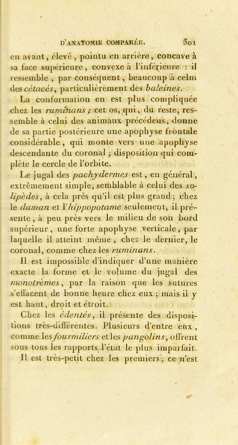 0 d'anatomie compariî:e. Soi I en avani, élevé , pointu en arrière, concave à sa face supérieure, convexe à l'inférieure : il ressemble , par conséquent, beaucoup à celui àes cétacés^ particulièrement des haleines. La conformation en est plus compliquée j ,chez les ruminans ; cet os, qui, du reste, res- semble à celui des animaux précédens, donne de sa partie postérieure une apophyse frontale considérable, qui monte vers une apophyse descendante du coronal j disposition qui com- plète le cercle de l'orbite. • Le jugal des pachydermes est, en général, extrêmement simple, semblable à celui des so- lipèdes, à cela près qu'il est plus grand j chez I - le daman et Vhippopotame seulement, il pré- sente , à peu près vers le milieu de sou bord supérieur, une forte apophyse verticale, par laquelle il atteint même, chez le dernier, le coronal, comme chez les ruminans. Il est impossible d'indiquer d'une manière exacte la forme et le volume du jugal des nionotrèmes, par la raison que les sutures s'effacent de bonne heure chez eux ; mais il y est haut, droit et étroit. Chez les édentés, il présente des disposi- tions très-différentes. Plusieurs d'entre eux , comme lesfourmiliers elles pangolins, offrent sous tous les rapports l'état le plus imparfait.