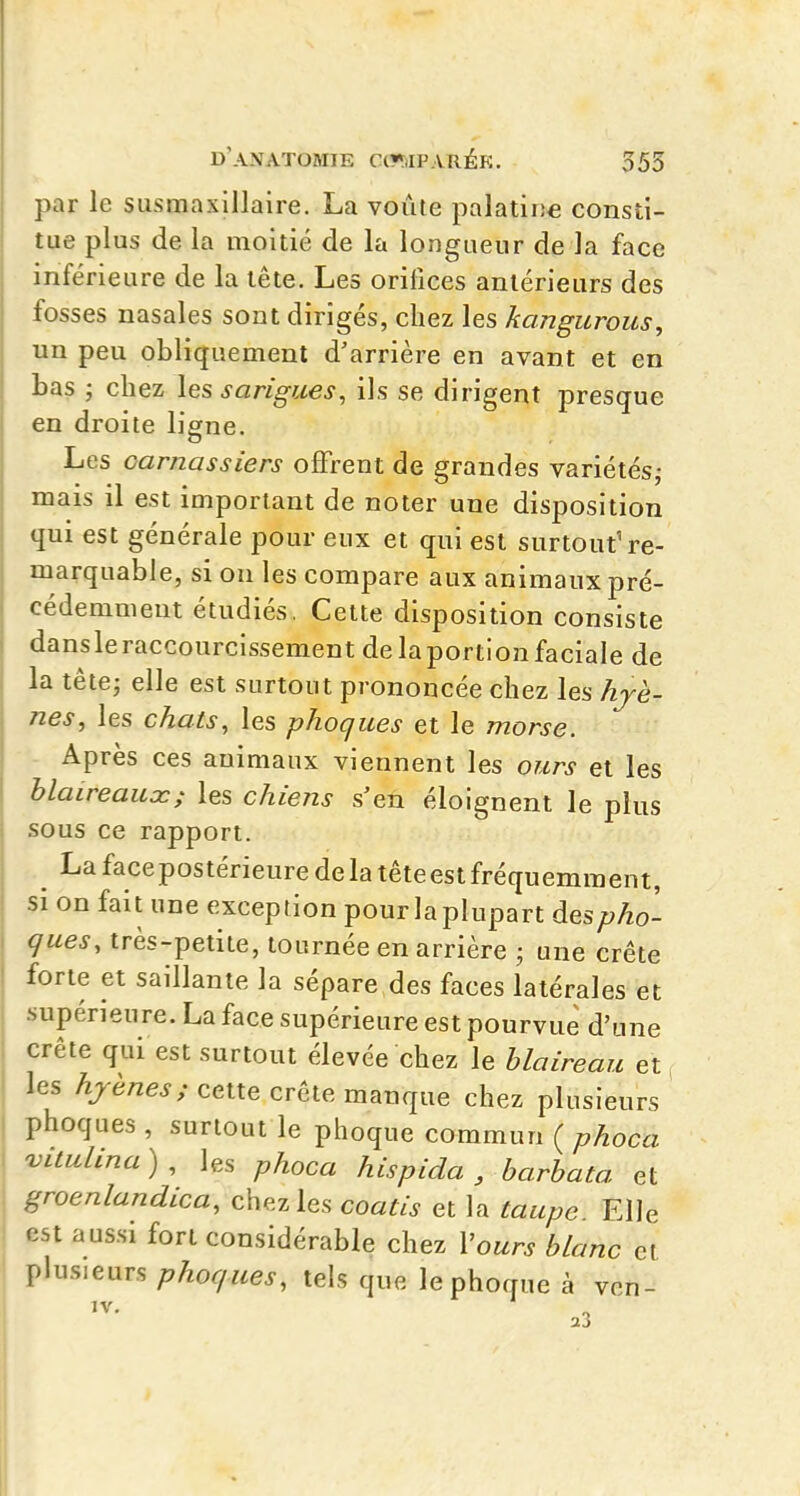 par le susmaxillalre. La voûte palatine consti- tue plus de la moitié de la longueur de la face inférieure de la tête. Les orifices antérieurs des fosses nasales sont dirigés, chez les kcmgurous, un peu obliquement d'arrière en avant et en bas ; chez les sarigues, ils se dirigent presque en droite ligne. Les carnassiers offrent de grandes variétésj mais il est important de noter une disposition qui est générale pour eux et qui est surtoutVe- marquable, si on les compare aux animaux pré- cédemment étudiés, Cette disposition consiste dans le raccourcissement de la portion faciale de la tète; elle est surtout prononcée chez les hyè- nes, les chats, les phoques et le morse. Après ces animaux viennent les oi^rs et les blaireaux; les chiens s'en éloignent le plus sous ce rapport. ^ La face postérieure de la tête est fréquemment, si on fait une exception pourlaplupart des pho- ques, très-petite, tournée en arrière ; une crête forte et saillante la sépare des faces latérales et •supérieure. La face supérieure est pourvue d'une crête qui est surtout élevée chez le blaireau et les hjènes; cette crête manque chez plusieurs phoques , surtout le phoque commun ( phoca ^ituhna ) , les phoca hispida , barbata et groenlandica, chez les coatis et la taupe Elle est aussi fort considérable chez Vours blanc et plusieurs ;7^or/«e^, tels que le phoque à vcn- 23