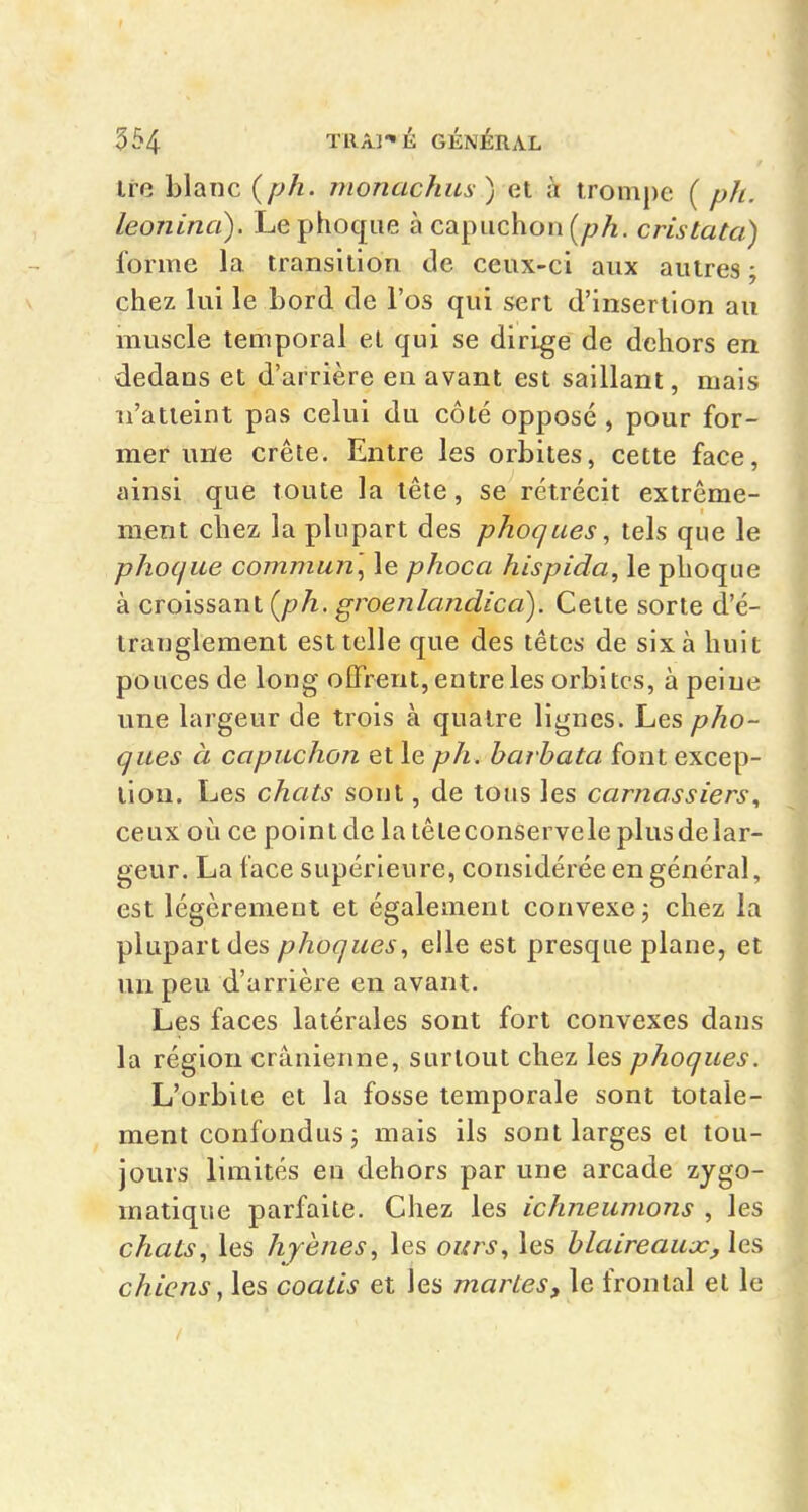 iro blanc {ph. monachus) et à trompe ( ph. leonina). Le phoque à capuchon (pA. cristatà) forme la transition de ceux-ci aux autres ; chez lui le bord de l'os qui sert d'insertion au muscle temporal et qui se dirige de dehors en dedans et d'arrière en avant est saillant, mais n'atteint pas celui du côté opposé , pour for- mer une crête. Entre les orbites, cette face, ainsi que toute la tête, se rétrécit extrême- ment chez la plupart des phoques ^ tels que le phoque commun\ le phoca hispida, le phoque à croissant {ph. groenlandicà). Cette sorte d'é- tranglement est telle que des têtes de six à huit pouces de long offrent, entre les orbites, à peine une largeur de trois à quatre lignes. Les pho- ques à capuchon et le ph. harhata font excep- tion. Les chats sont, de tous les carnassiers., ceux où ce poin t de la tê te conserve le plus de lar- geur. La face supérieure, considérée en général, est légèrement et également convexe j chez la plupart des phoques., elle est presque plane, et un peu d'arrière en avant. Les faces latérales sont fort convexes dans la région crânienne, surtout chez les phoques. L'orbite et la fosse temporale sont totale- ment confondus j mais ils sont larges et tou- jours limités eu dehors par une arcade zygo- matique parfaite. Chez les ichneumons , les chats, les hyènes., les ours., les blaireaux^les chiens, les coatis et les martes, le frontal et le