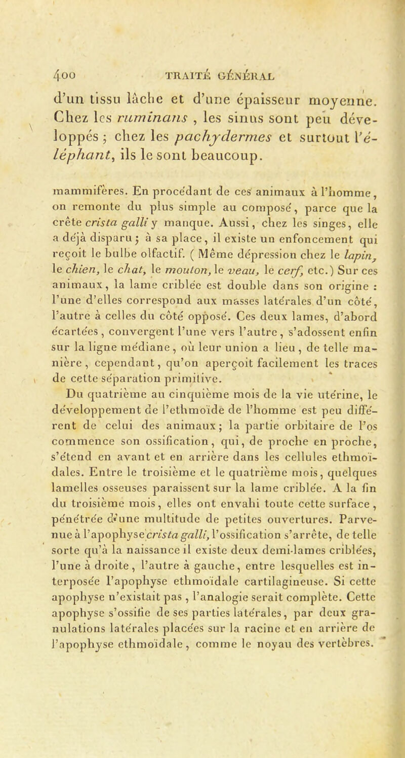 d'un tissu lâche et d'une épaisseur moyenne. Chez les ruminaiis , les sinus sont peu déve- loppés ; chez les pachydermes et surtout \é- léphant, ils le sont beaucoup. mammifères. En procédant de ce^ animaux à l'homme, on remonte du plus simple au composé, parce que la creie cris ta gain Y manque. Aussi, chez les singes, elle a déjà disparu; à sa place, il existe un enfoncement qui reçoit le bulbe olfactif. ( Même dépression chez le lapin^ le chien, le chat, le mouton, le veau, le cerf, etc.) Sur ces animaux, la lame criblée est double dans son origine : l'une d'elles correspond aux masses latérales d'un côté, l'autre à celles du côté opposé. Ces deux lames, d'abord écartées, convergent l'une vers l'autre, s'adossent enfin sur la ligne médiane, oii leur union a lieu , de telle ma- nière , cependant, qu'on aperçoit facilement les traces ^ de cette séparation primitive. Du quatrième au cinquième mois de la vie utérine, le développement de l'ethmoïde de l'homme est peu diffé- rent de celui des animaux ; la partie orbitaire de l'os commence son ossification, qui, de proche en proche, s'étend en avant et en arrière dans les cellules ethmoï- dales. Entre le troisième et le quatrième mois, quelques lamelles osseuses paraissent sur la lame criblée. A la fin du troisième mois, elles ont envahi toute cette surface , pénétrée d'une multitude de petites ouvertures. Parve- nue à l'apophysecm/a galli, l'ossification s'arrête, de telle sorte qu'à la naissance il existe deux demi-lames criblées, l'une à droite, l'autre à gauche, entre lesquelles est in- terposée l'apophyse ethmoïdale cartilagineuse. Si cette apophyse n'existait pas, l'analogie serait complète. Cette apophyse s'ossifie de ses parties latérales, par deux gra- nulations latérales placées sur la racine et en arrière de l'apophyse ethmoïdale, comme le noyau des vertèbres.