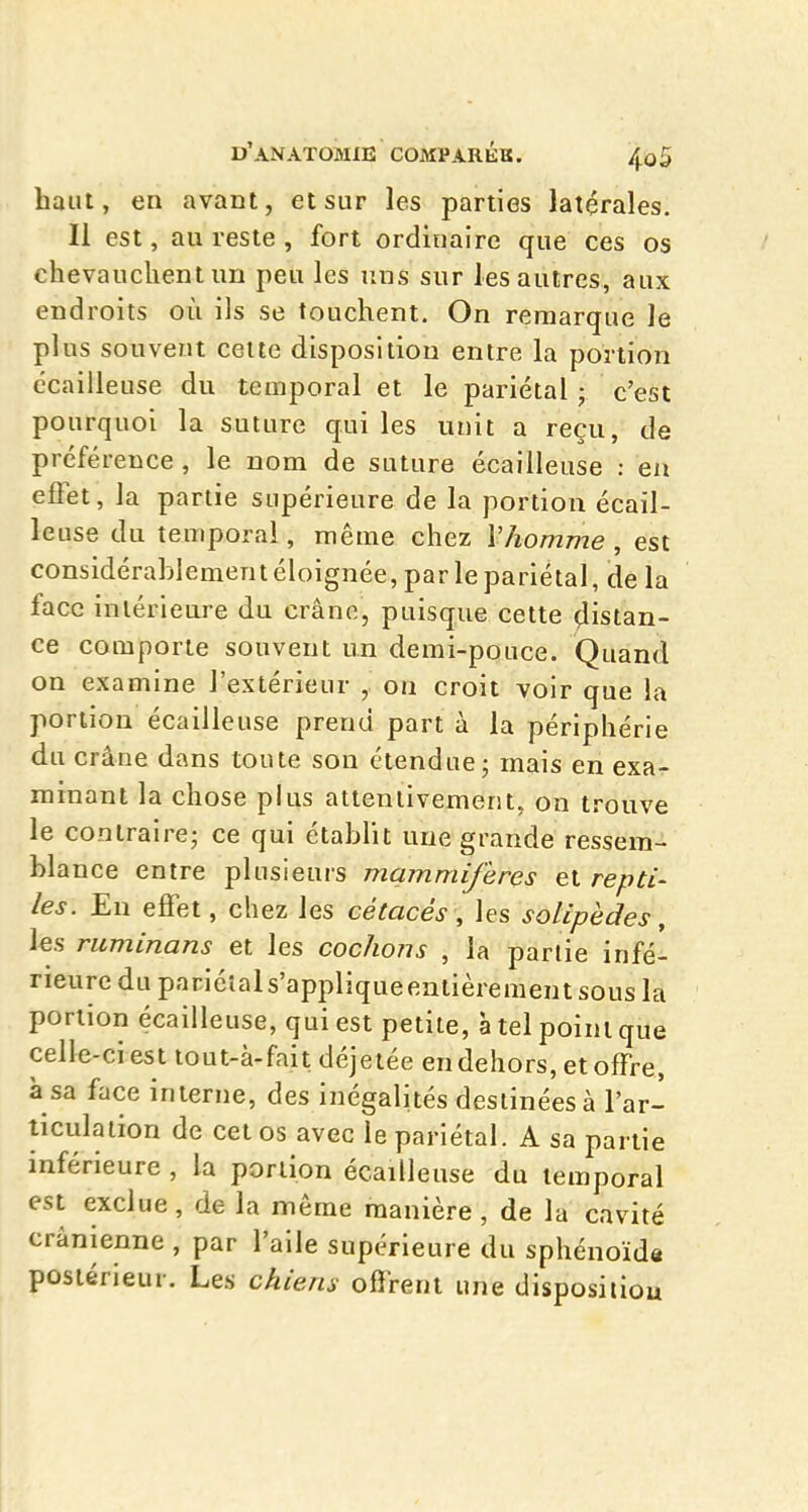 haut, en avant, et sur les parties latérales. Il est, au reste , fort ordinaire que ces os chevauchent un peu les uns sur les autres, aux endroits où ils se touchent. On remarque le plus souvent cette disposition entre la portion écailleuse du temporal et le pariétal ; c'est pourquoi la suture qui les unit a reçu, de préférence , le nom de suture écailleuse : en effet, la partie supérieure de la portion écail- leuse du temporal, même chez Vhomme , est considérablement éloignée, par le pariétal, de la face intérieure du crâne, puisque cette ^listan- ce comporte souvent un demi-pouce. Quand on examine l'extérieur , on croit voir que la portion écailleuse prend part à la périphérie du crâne dans toute son étendue; mais en exa- minant la chose plus attentivement, on trouve le contraire; ce qui établit une grande ressem- blance entre plusieurs mammifères et repti- les. En effet, chez les cétacés, les solipèdes, les ruminans et les cochons , la partie infé- rieure du pariétal s'applique entièrement sous la portion écailleuse, qui est petite, à tel point que celle-ci est tout-à-fait déjetée en dehors, et offre, à sa face interne, des inégalités destinées à l'ar- ticulation de cet os avec le pariétal. A sa partie inférieure , la portion écailleuse du temporal est exclue, de la même manière, de la cavité crânienne , par l'aile supérieure du sphénoïde postérieur. Les chiens offrent une disposiiiou