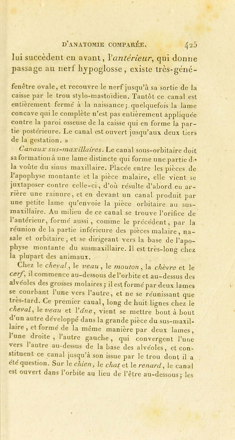 lui succèdent eu avant, Vantérieur, qui donne passage au nerf hypoglosse , existe trcs-géné- fenètre ovale, et recouvre le nerf jusqu'à sa sortie de la caisse par le trou stylo-mastoïdien. Tantôt ce canal est entièrement fermé à la naissance quelquefois la lame concave qui le complète n'est pas entièrement appliquée contre la paroi osseuse de la caisse qui en forme la par- tie postérieure. Le canal est ouvert jusqu'aux deux tiers de la gestation. » Canaux sus-maxillaires. Le canal sous-orbitaire doit sa formation à une lame distincte qui forme une partie de la voûte du sinus maxillaire. Placée entre les pièces de l'apophyse montante et la pièce malaire, elle vient se juxtaposer contre celle-ci, d'où résulte d'abord eu ar- rière une rainure, et en devant un canal produit par une petite lame qu'envoie la pièce orbitaire au sus- maxillaire. Au milieu de ce canal se trouve l'orifice de l'antérieur, formé aussi, comme le précédent, par la réunion de la partie inférieure des pièces malaire, na- sale et orbitaire , et se dirigeant vers la base de l'apo- physe montante du susmaxillaire. Il est très-long chez la plupart des animaux. Chez le cheval, le veau , le mouton , la chèvre et le cerf, il commence au-dessous de l'orbite et au-dessus des alvéoles des grosses molaires ; il est formé par deux lames se courbant l'une vers l'autre, et ne se réunissant que très-tard. Ce premier canal, long de huit lignes chez le cheval, le veau et Vdne, vient se mettre bout à bout d'un autre développé dans la grande pièce du sus-maxil- laire , et formé de la même manière par deux lames, l'une droite, l'autre gauche, qui convergent l'une vers l'autre au-dessus de la base des alvéoles, et con- stituent ce canal jusqu'à son issue par le trou dont il a été question. Sur le chien, le chat et le renard, le canal est ouvert dans l'orbite au lieu de l'être au-dessous^ les