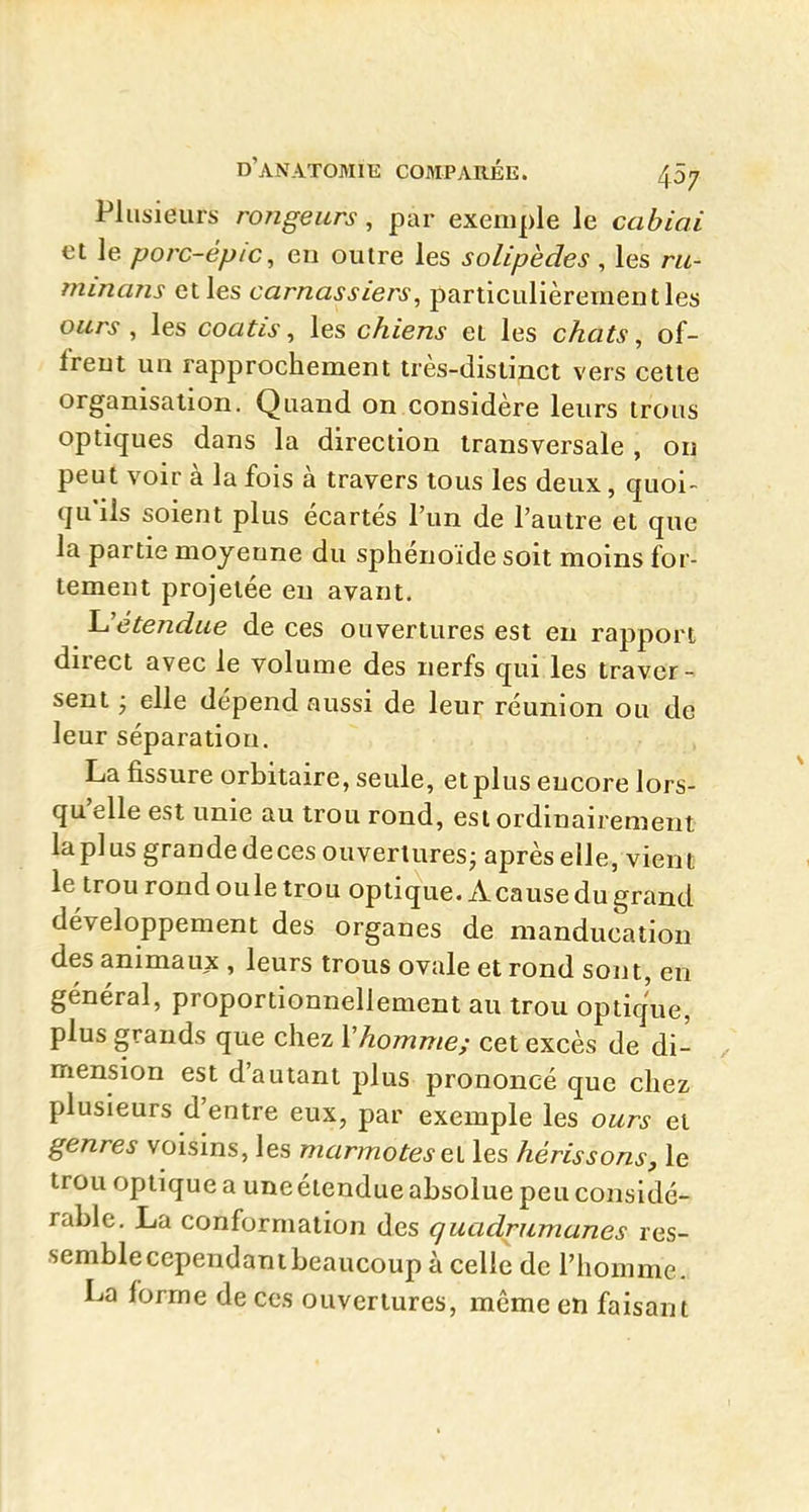 Plusieurs rongeurs, par exemple le cabiai et le porc-épic, en outre les solipèdes , les ru- minans et les carnassiers, particulièrement les ours , les coatis, les chiens et les chats, of- frent un rapprochement très-distinct vers cette organisation. Quand on considère leurs trous optiques dans la direction transversale , on peut voir à la fois à travers tous les deux, quoi- qu'ils soient plus écartés l'un de l'autre et que la partie moyenne du sphénoïde soit moins for- tement projetée eu avant. L'étendue de ces ouvertures est en rapport direct avec le volume des nerfs qui les traver- sent ; elle dépend aussi de leur réunion ou de leur séparation. La fissure orbitaire, seule, et plus encore lors- qu'elle est unie au trou rond, est ordinairement la plus grande deces ouvertures; après elle, vient le trou rond oule trou optique. Acause du grand développement des organes de manducation des animaux , leurs trous ovale et rond sont, en général, proportionnellement au trou optique, plus grands que chez Vhomme; cet excès de di- mension est d'autant plus prononcé que chez plusieurs d^entre eux, par exemple les ours et genres voisins, les marmotesel les hérissons, le trou optique a une étendue absolue peu considé- rable. La conformation des quadrumanes res- semble cependant beaucoup à celle de l'homme. La forme de ces ouvertures, môme en faisant