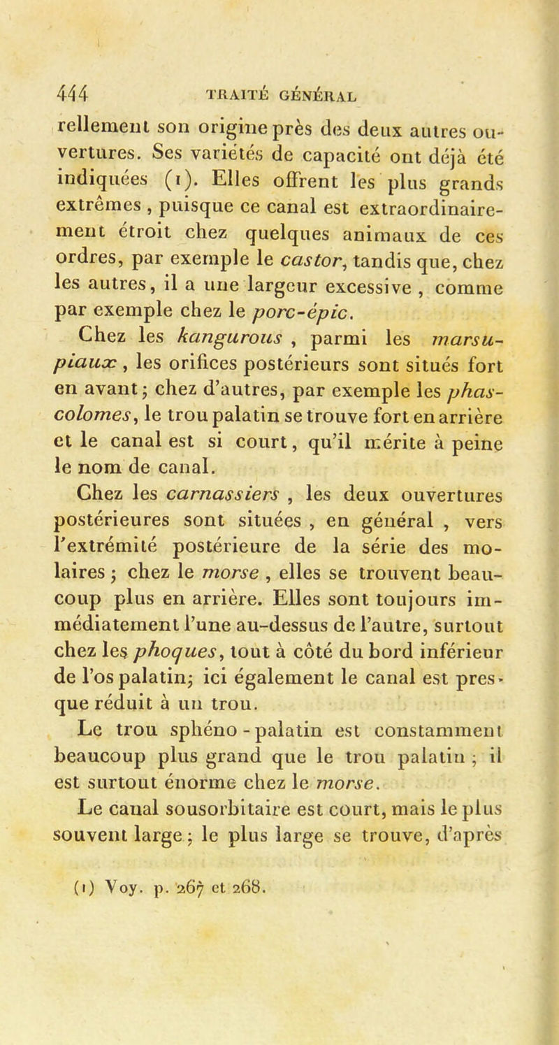 rellemeul son origine près des deux autres ou- vertures. Ses variétés de capacité ont déjà été indiquées (i). Elles offrent les plus grands extrêmes , puisque ce canal est extraordinaire- inent étroit chez quelques animaux de ces ordres, par exemple le castor, tandis que, chez les autres, il a une largeur excessive , comme par exemple chez le porc-épic. Chez les kangurous , parmi les marsu- piaucc , les orifices postérieurs sont situés fort en avant j chez d'autres, par exemple les phas- colomes^ le trou palatin se trouve fort en arrière et le canal est si court, qu'il rcérite à peine le nom de canal. Chez les carnassiers , les deux ouvertures postérieures sont situées , en général , vers l'extrémité postérieure de la série des mo- laires ; chez le morse , elles se trouvent beau- coup plus en arrière. Elles sont toujours im- médiatement l'une au-dessus de l'autre, surtout chez les phoques^ tout à côté du bord inférieur de l'os palatin; ici également le canal est pres- que réduit à un trou. Le trou sphéno-palatin est constamment beaucoup plus grand que le trou palatin ; il est surtout énorme chez le morse. Le canal sousorbitaire est court, mais le plus souvent large; le plus large se trouve, d'après; (i) Voy. p. 267 et 268.