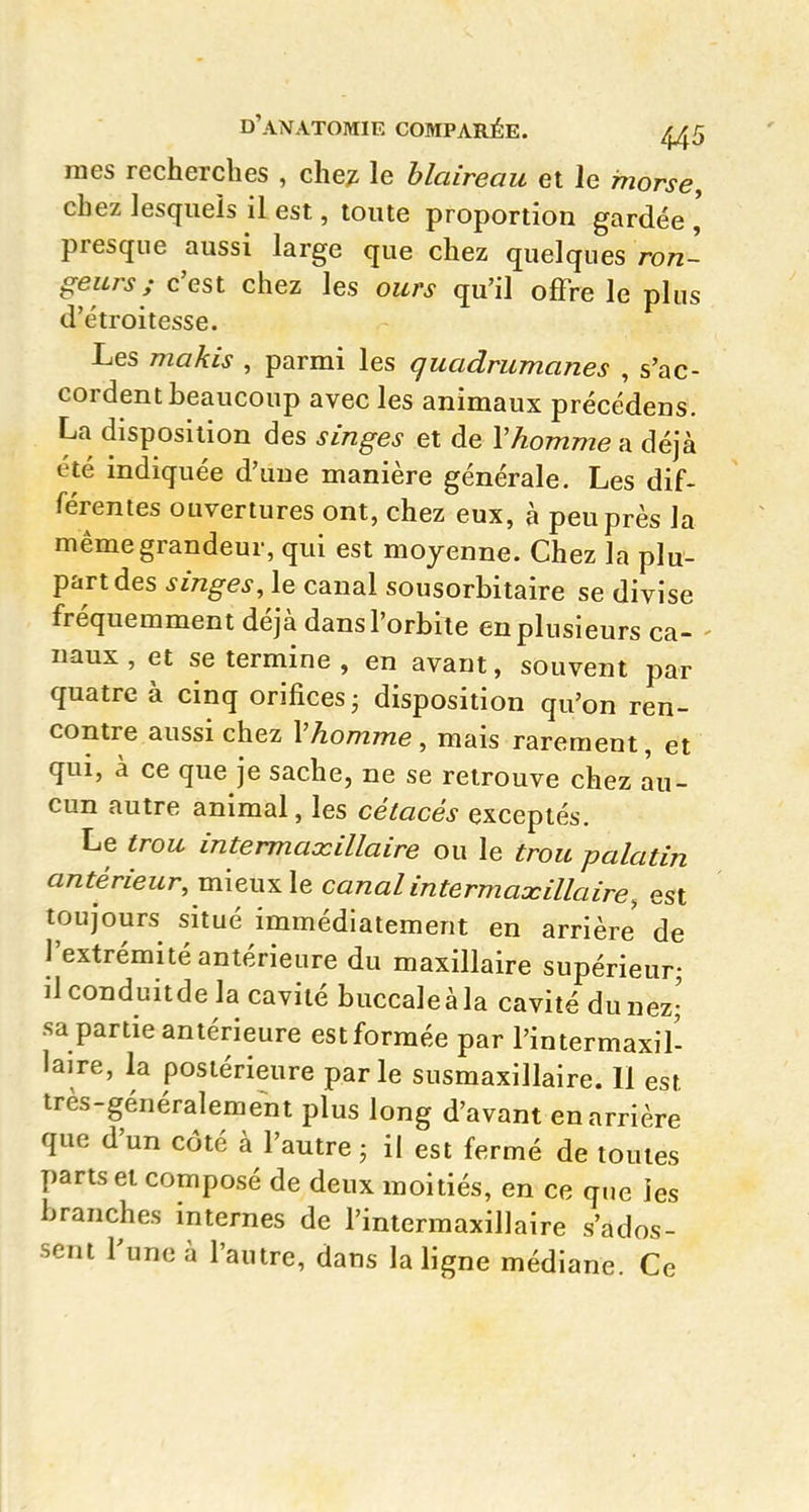 mes recherches , chez le blaireau et le morse, chez lesquels il est, toute proportion gardée presque aussi large que chez quelques ron- deurs; c'est chez les ours qu'il offre le plus d'étroitesse. Les makis , parmi les quadrumanes , s'ac- cordent beaucoup avec les animaux précédens. La disposition des singes et de Vhomme a déjà été indiquée d'une manière générale. Les dif- férentes ouvertures ont, chez eux, à peu près la même grandeur, qui est moyenne. Chez la plu- part des singes, le canal sousorbitaire se divise fréquemment déjà dans l'orbite en plusieurs ca- - naux, et se termine , en avant, souvent par quatre à cinq orifices • disposition qu'on ren- contre aussi chez Vhomme, mais rarement, et qui, à ce que je sache, ne se retrouve chez au- cun autre animal, les cétacés exceptés. Le trou intermaxillaire ou le trou palatin antérieur, mieux le canal intermaxillaire, est toujours situé immédiatement en arrière de l'extrémité antérieure du maxillaire supérieur- il conduit de la cavité buccale à la cavité du nez- sa partie antérieure estformée par l'intermaxil- laire, la postérieure parle susmaxillaire. 11 est très-généralement plus long d'avant en arrière que d'un côté à l'autre ; il est fermé de toutes parts et composé de deux moitiés, en ce que les branches internes de l'intermaxillaire s'ados- sent l'une à l'autre, dans la ligne médiane. Ce