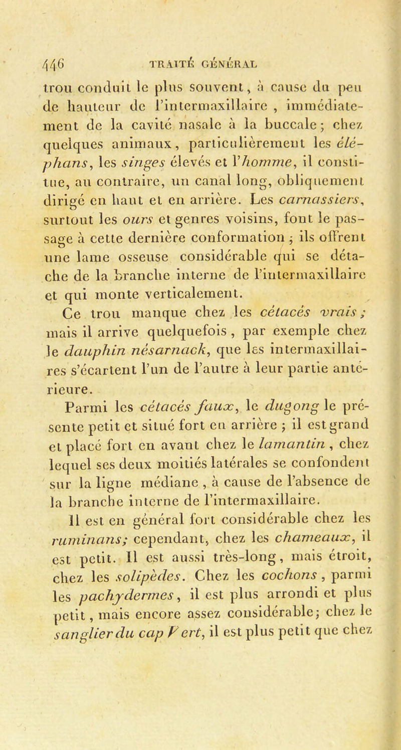 trou contluîl le plus souvent, à cause da peu de hauteur de l'intcrmaxillairc , immédiate- ment de la cavité nasale à la buccale ; chez quelques animaux, parlicullèreraent les e/e- phans, les singes élevés et Vhomme, il consti- tue, au contraire, un canal long, obliquement dirigé en haut et en arrière. Les carnassiers, surtout les ours et genres voisins, font le pas- sage à cette dernière conformation j ils offrent une lame osseuse considérable qui se déta- che de la branche interne de l'intermaxillaire et qui monte verticalement. Ce trou manque chez les cétacés vrais; mais il arrive quelquefois , par £xemple chez le dauphin nésarnack, que les intermaxillai- res s'écartent l'un de l'autre à leur partie anté- rieure. Parmi les cétacés faux, le dugong \e pré- sente petit et situé fort en arrière j il est grand et placé fort en avant chez le lamantin, chez lequel ses deux moitiés latérales se confondent sur la ligne médiane , à cause de l'absence de la branche interne de l'intermaxillaire. Il est en général fort considérable chez les ruminans; cependant, chez les chameaux, il est petit. Il est aussi très-long, mais étroit, chez les solipèdes. Chez les cochons , parmi les pachydermes, il est plus arrondi et plus petit, mais encore assez considérable; chez le sanglier du cap Fert, il est plus petit que chez