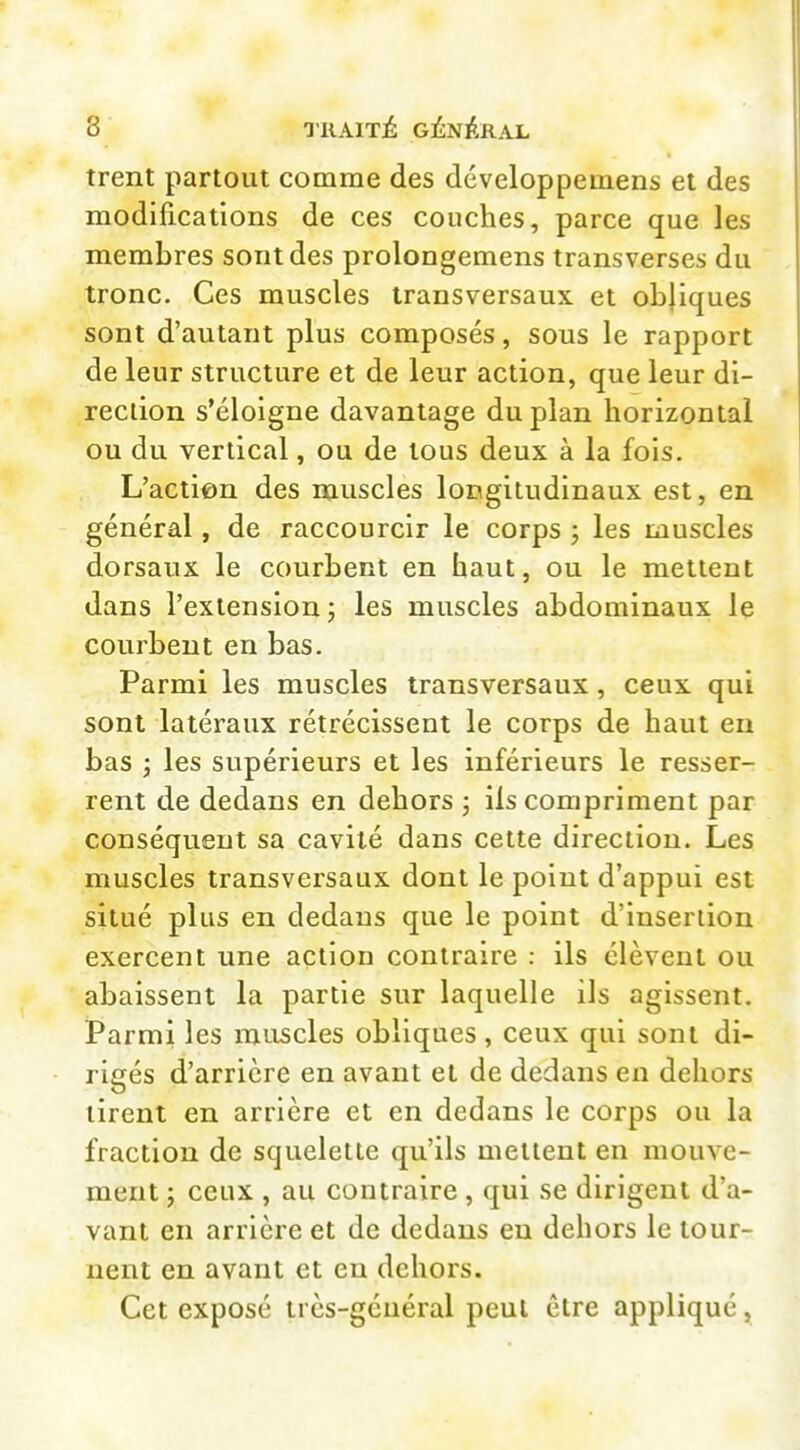 trent partout comme des développemens et des modifications de ces couches, parce que les membres sont des prolongemens transverses du tronc. Ces muscles transversaux et obliques sont d'autant plus composés, sous le rapport de leur structure et de leur action, que leur di- rection s'éloigne davantage du plan horizontal ou du vertical, ou de tous deux à la fois. L'actien des muscles longitudinaux est, en général, de raccourcir le corps ; les muscles dorsaux le courbent en haut, ou le mettent dans l'extension ; les muscles abdominaux le courbent en bas. Parmi les muscles transversaux, ceux qui sont latéraux rétrécissent le corps de haut eu bas ; les supérieurs et les inférieurs le resser- rent de dedans en dehors ; ils compriment par conséquent sa cavité dans cette direction. Les muscles transversaux dont le point d'appui est situé plus en dedans que le point d'insertion exercent une action contraire : ils élèvent ou abaissent la partie sur laquelle ils agissent. Parmi les muscles obliques, ceux qui sont di- rigés d'arrière en avant et de dedans en dehors tirent en arrière et en dedans le corps ou la fraction de squelette qu'ils mettent en mouve- ment 5 ceux , au contraire , qui se dirigent d'a- vant en arrière et de dedans eu dehors le tour- nent en avant et en dehors. Cet exposé très-général peut être appliqué,