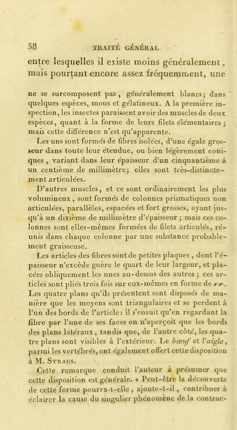 entre lesquelles il existe moins généralement, mais pourtant encore assez fréquemment, une ne se surcomposent pas, ge'ue'ralement blancs; dans quelques espèces, mous et ge'latineux. A la première in- spection, les insectes paraissent avoir des muscles de deux espèces, quant à la forme de leurs filets e'ie'mentaires ; mais cette difFe'rence n'est qu'apparente. Les uns sont forme's de fibres isole'es, d'une e'gale gros- seur dans toute leur e'tendue, ou bien le'gèrement coni- ques , variant dans leur e'paisseur d'un cinquantième à un centième de millimètre; elles sont très-distincte- ment articule'es. D'autres muscles, et ce sont ordinairement les plus volumineux , sont forme's de colonnes prismatiques non articule'es, parallèles, espace'es et fort grosses, ayant jus- qu'à un dixième de millimètre d'épaisseur ; mais ces co- lonnes sont elles-mêmes formées de filets articule's, re'- unis dans chaque colonne par une substance probable- ment graisseuse. Les articles des fibres sont de petites plaques , dont l'e'- paisseur n'excède guère le quart de leur largeur, et pla- ce'es obliquement les unes au-dessus des autres ; ces ar- ticles sont plie's trois fois sur eux-mêmes en forme de Les quatre plans qu'ils présentent sont dispose's de ma- nière que les moyens sont triangulaires et se perdent à l'un des bords de l'article: il s'ensuit qu'en regardant la fibre par l'une de ses faces on n'aperçoit que les bords des plans latéraux , tandis que, de l'autre côte', les qua- tre plans sont visibles à l'extérieur. Le bœuf et Vaigle, parmi les vcrte'brés, ont e'galement ofTcrt cette disposition à M. Stuaus. Celte remarque conduit l'auteur à présumer que cette disposition est générale. « Peut-être la découverte de cette forme pourra-t-clle , ajoute-t-il, contribuer à éclairer la cause du singulier phénomène de là contrac-