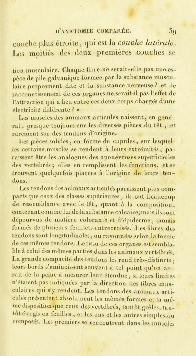 couche plus étroite, qui est Ja couche latérale. Les moitiés des deux premières couches se tion musculaire. Chaque fibre ne serait-elle pas uue es- pèce de pile galvanique forrae'e par la substance muscu- laire proprement dite et la substance nerveuse ? et le raccourcissement de ces prganes ne scrait-il pas l'effet de l'attraction qui a lieu entre ces deux corps charges d'une e'iectricite' difFe'rente ? » Les muscles des animaux articule's naissent, en ge'ne'- ral, presque toujours sur les diverses pièces du têt , et rarement sur des tendons d'origine. Les pièces solides, en forme de cupules, sur lesquel- les certains muscles se rendent à leurs extre'mite's, pa- raissent être les analogues des aponévroses superficielles des vertébrés ; elles en remplissent les fonctions, et se trouvent quelquefois place'es à l'origine de leurs ten- dons. Les tendons des animaux articule's paraissent plus com- pacts que ceux des classes supérieures ; ils ont beaucoup de ressemblance avec le têt, quant à la composition, contenant comme lui de la substance calcaire; mais ils son t dépourvus de matière colorante et d'e'piderme, jamais formés de plusieurs feuillets entrecroisés.' Les fibres des tendons sont longitudinales, ou rayonnées selon la forme de ces mêmes tendons. Le tissu de ces organes est sembla- ble à celui des mêmes parties dans les animaux vertébrés. La grande compacité des tendons les rend très-distincts; leurs bords s'amincissent souvent à tel point qu'on au- rait de la peine à mesurer leur étendue, si leurs limites n'étaient pas indiquées par la direction des fibres mus- culaires qui s'y rendent. Les tendons des animaux arti- culés présentent absolument les mêmes formes et la mê- me disposition que ceux des vertébrés, tantôt grêles, tan- tôt élargis en feuilles , et les uns et les autres simples ou composés. Les premiers se rencontrent dans les muscles