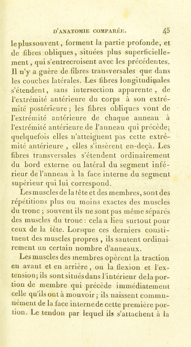 leplussoLivent, forment la partie profonde, et de fibres obliques, situées plus superficielle- ment , qui s'entrecroisent avec les précédentes. 11 n'y a guère de fibres transversales que dans les couches latérales. Les fibres longitudinales s'étendent, sans intersection apparente , de l'extrémité antérieure du corps à son extré- mité postérieure ; les fibres obliques vont de l'extrémité antérieure de chaque anneau à l'extrémité antérieure de l'anneau qui précède, quelquefois elles n'atteignent pas cette extré- mité antérieure , elles s'insèrent en-deçà. Les fibres transversales s'étendent ordinairement du bord externe ou latéral du segment infé- rieur de l'anneau à la face interne du segment supérieur qui lui correspond. Les muscles de la fête et des membres, sont des répétitions plus ou moins exactes des muscles du tronc ; souvent ils ne sont pas môme séparés des muscles du tronc : cela a lieu surtout pour ceux de la tête. Lorsque ces derniers consti- tuent des muscles propres , ils sautent ordinai- rement un certain nombre d'anneaux. Les muscles des membres opèrent la traction en avant et en arrière, ou la flexion et l'ex- tension; ils sont situés dans l'intérieur delà por- tion de membre qui précède immédiatement celle qu'ils ont à mouvoir ; ils naissent commu- nément de la face interne de cette première por- tion. Le tendon par lequel ils s'attachent à la