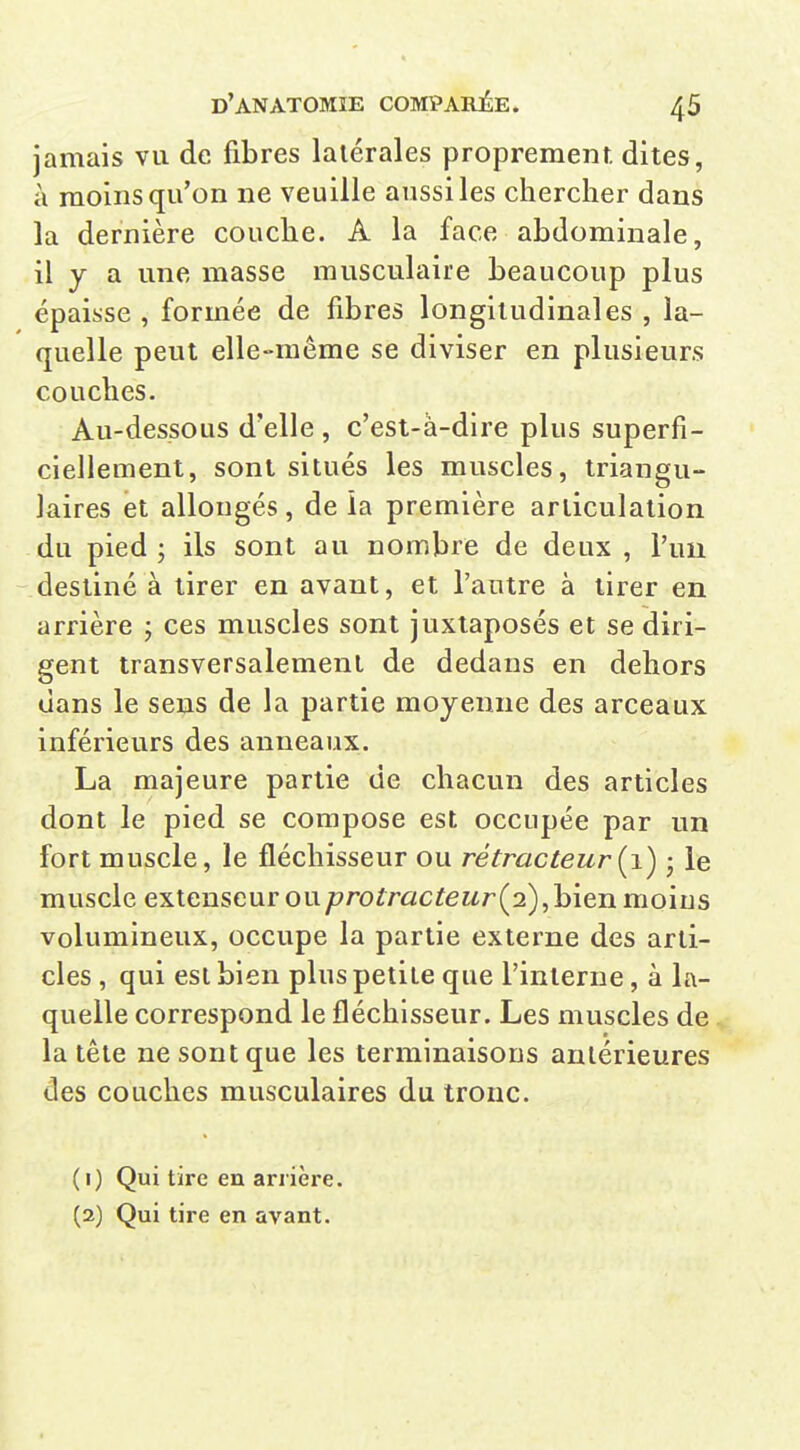 jamais vu de fibres latérales proprement, dites, à moins qu'on ne veuille aussi les chercher dans la dernière couche. A la face abdominale, il y a une masse musculaire beaucoup plus épaisse , formée de fibres longitudinales , la- quelle peut elle-même se diviser en plusieurs couches. Au-dessous d'elle , c'est-à-dire plus superfi- ciellement, sont situés les muscles, triangu- laires et allongés, de ia première articulation du pied ; ils sont au nombre de deux , l'un destiné à tirer en avant, et l'autre à tirer en arrière ; ces muscles sont juxtaposés et se diri- gent transversalement de dedans en dehors dans le sens de la partie moyenne des arceaux inférieurs des anneaux. La majeure partie de chacun des articles dont le pied se compose est occupée par un fort muscle, le fléchisseur ou rétracteur {1) • le muscle extenseur ou^roir«cfôMr(2),bien moins volumineux, occupe la partie externe des arti- cles , qui est bien plus petite que l'interne, à la- quelle correspond le fléchisseur. Les muscles de la tête ne sont que les terminaisons antérieures des couches musculaires du tronc. (1) Qui tire en arrière. (2) Qui tire en avant.