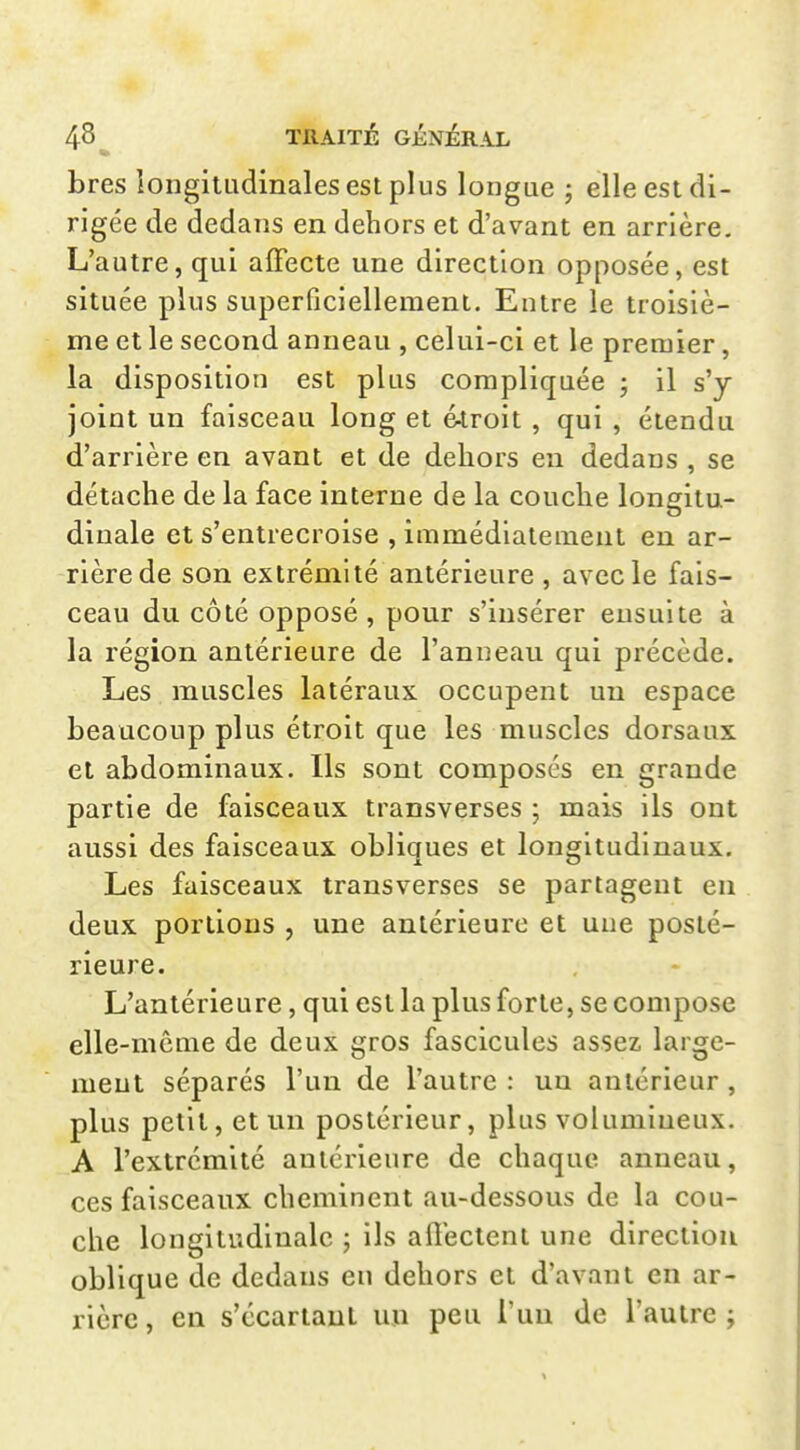 bres longitudinales est plus longue ; elle est di- rigée de dedans en dehors et d'avant en arrière. L'autre, qui affecte une direction opposée, est située plus superficiellement. Entre le troisiè- me et le second anneau , celui-ci et le premier, la disposition est plus compliquée • il s'y joint un faisceau long et étroit , qui , étendu d'arrière en avant et de dehors eu dedans , se détache de la face interne de la couche longitu- dinale et s'entrecroise , immédiatement en ar- rière de son extrémité antérieure , avec le fais- ceau du côté opposé, pour s'insérer ensuite à la région antérieure de l'anneau qui précède. Les muscles latéraux occupent un espace beaucoup plus étroit que les muscles dorsaux et abdominaux. Ils sont composés en grande partie de faisceaux transverses ; mais ils ont aussi des faisceaux obliques et longitudinaux. Les faisceaux transverses se partagent en deux portions , une antérieure et une posté- rieure. L'antérieure, qui est la plus forte, se compose elle-même de deux gros fascicules assez large- ment séparés l'un de l'autre : un antérieur , plus petit, et un postérieur, plus volumineux. A l'extrémité antérieure de chaque anneau, ces faisceaux cheminent au-dessous de la cou- che longitudinale ; ils affectent une direction oblique de dedans en dehors et d'avant en ar- rière, en s'écartaul un peu l'un de l'autre;