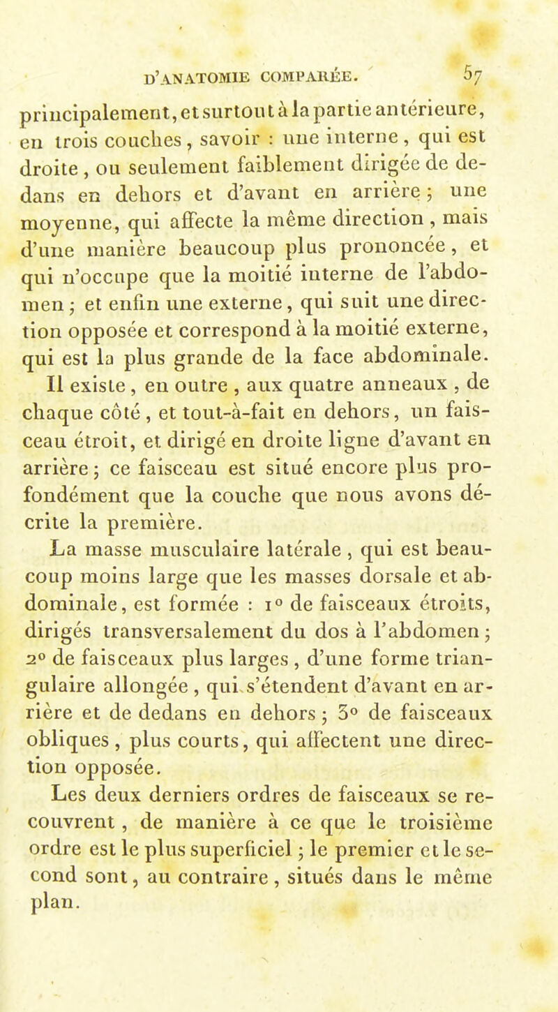 principalement, et suriou t à la partie an térieuré, en trois coaclies , savoir : une interne , qui est droite , ou seulement faiblement dirigée de de- dans en dehors et d'avant en arrière; une moyenne, qui affecte la même direction , mais d'une manière beaucoup plus prononcée, et qui n'occupe que la moitié interne de l'abdo- men ; et enfin une externe, qui suit une direc- tion opposée et correspond à la moitié externe, qui est la plus grande de la face abdominale. Il existe , en outre , aux quatre anneaux , de chaque côté , et tout-à-fait en dehors, un fais- ceau étroit, et dirigé en droite ligne d'avant en arrière ; ce faisceau est situé encore plus pro- fondément que la couche que nous avons dé- crite la première. La masse musculaire latérale , qui est beau- coup moins large que les masses dorsale et ab- dominale, est formée : 1° de faisceaux étroits, dirigés transversalement du dos à l'abdomen , 2» de faisceaux plus larges , d'une forme trian- gulaire allongée , qui.s'étendent d'avant en ar- rière et de dedans en dehors ; 3° de faisceaux obliques, plus courts, qui affectent une direc- tion opposée. Les deux derniers ordres de faisceaux se re- couvrent , de manière à ce que le troisième ordre est le plus superficiel ; le premier et le se- cond sont, au contraire, situés dans le même plan.