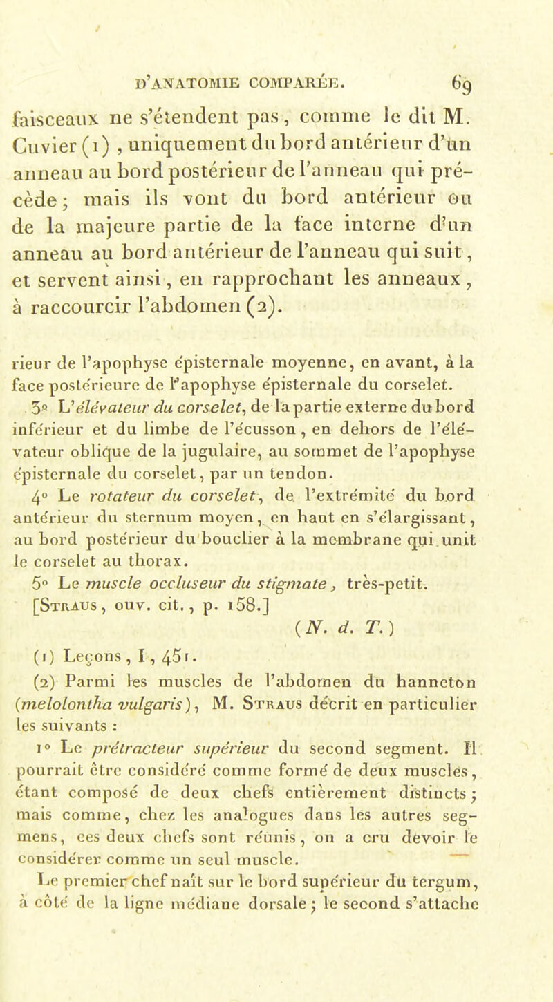 I d'anatomie comparée. 69 faisceaux ne s'étendent pas, comme le dit M, Cuvier (1) , uniquement du bord antérieur d'îin anneau au bord postérieur de l'anneau qui pré- cède; mais ils \font du bord antérieur eu de la majeure partie de la face interne d'un anneau au bord antérieur de l'anneau qui suit, et servent ainsi, en rapprochant les anneaux , à raccourcir l'abdomen (2). rieur de l'apophyse e'pisternale moyenne, en avant, à la face posle'rieure de l'apophyse e'pisternale du corselet. 5 \^élévateur du corselet^ de la partie externe du bord infe'rieur et du limbe de l'e'cusson, en dehors de l'e'le'- vateur oblique de la jugulaire, au sommet de l'apophyse e'pisternale du corselet, par un tendon. 4 Le rotateur du corselet^ de l'extre'mile' du bord ante'rieur du sternum moyen, en haut en s'e'largissant, au bord poste'rieur du bouclier à la membrane qui.unit le corselet au thorax. 5° Le muscle occluseur du stigmate, très-petit. [Straus, ouv. cit., p. i58.] ( N. d. T. ) (1) Leçons , 1, 45r. (2) Parmi l«s muscles de l'abdomen du hanneton (melolontJia vulgaris) 1 M. Straus décrit en particulier les suivants : 10 Le prétracteur supérieur du second segment. H pourrait être conside're' comme formé de deux musclés, étant composé de deux chefs entièrement distincts, mais comme, chez les analogues dans les autres seg- mens, ces deux chefs sont re'unis, on a cru devoir le conside'rer comme un seul muscle. Le premier chef naît sur le bord supe'rieur du tergum, à côte' de la ligne me'diane dorsale j le second s'attache