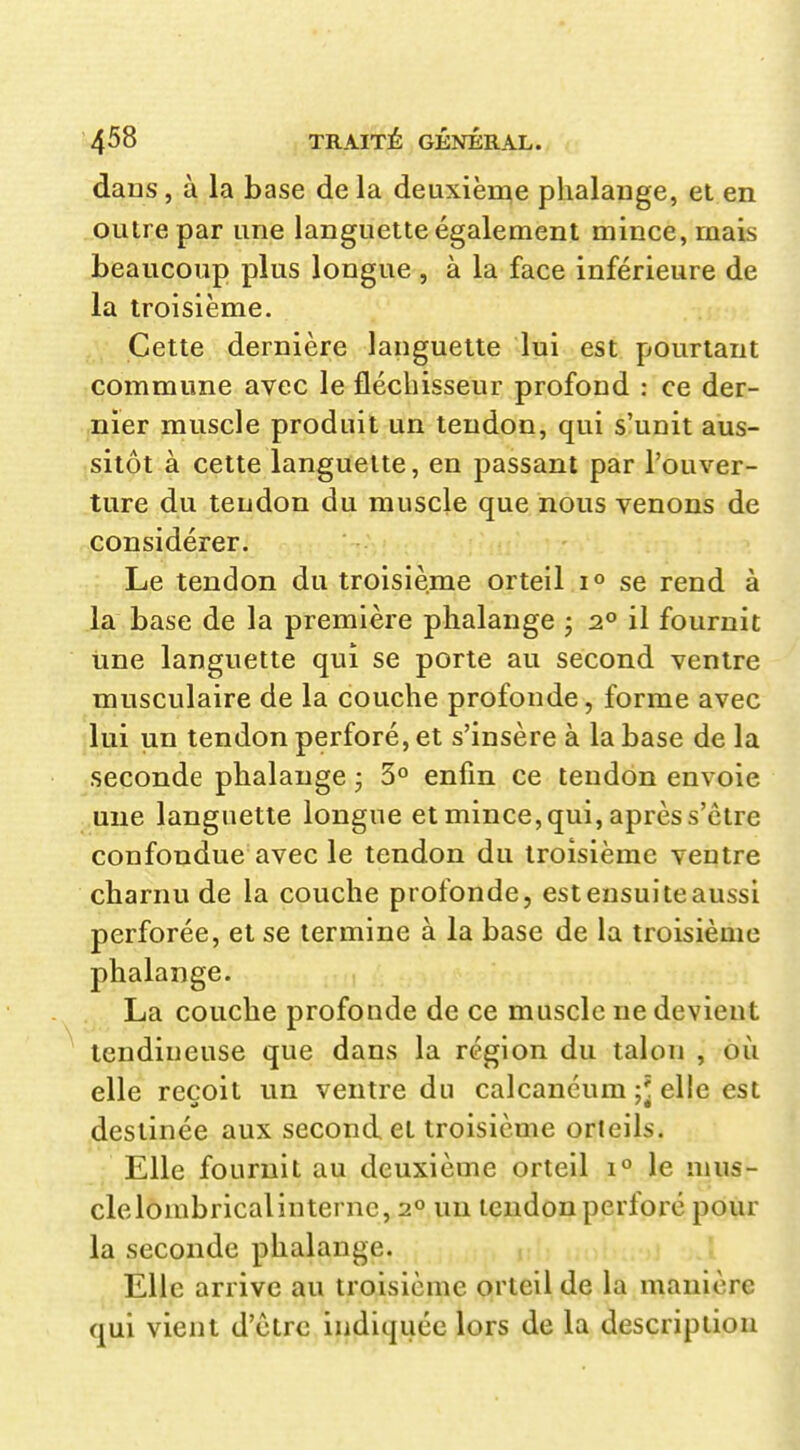 daas, à la base de la deuxième phalange, et en outre par une languette également mince, mais beaucoup plus longue , à la face inférieure de la troisième. Cette dernière languette lui est pourtant commune avec le fléchisseur profond : ce der- nier muscle produit un tendon, qui s'unit aus- sitôt à cette languette, en passant par l'ouver- ture du tendon du muscle que nous venons de considérer. Le tendon du troisième orteil 1° se rend à la base de la première phalange ; 2° il fournit iine languette qui se porte au second ventre musculaire de la couche profonde, forme avec lui un tendon perforé, et s'insère à la base de la seconde phalange ; 3° enfin ce tendon envoie une languette longue et mince, qui, après s'être confondue avec le tendon du troisième ventre charnu de la couche profonde, est ensuite aussi perforée, et se termine à la base de la troisième phalange. La couche profonde de ce muscle ne devient tendineuse que dans la région du talon , où elle reçoit un ventre du calcanéum elle est destinée aux second et troisième orlells. Elle fournit au deuxième orteil i° le nius- clelombricalinterne, 2° un tendon perforé pour la seconde phalange. ' < î Elle arrive au troisième orteil de la manière qui vient d'être, iiifliquée lors de la description