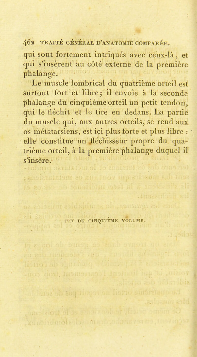 463 TRAITÉ GÉNÉRAL D'ANATOMIE COMPARÉE. qui sont fortement intriqués avec ceux-là , et qui s'insèrent au côté externe de la première phalange. Le muscle lombrical du quatrième orteil est surtout fort et libre; il envoie à la seconde phalange du cinquième orteil un petit tendon, qui le fléchit et le tire en dedans. La partie du muscle qui, aux autres orteils, se rend aux os métatarsiens, est ici.plus forte et plus libre : elle constitue un iléchisseur propre du qua- trième orteil, à la première phalange duquel il s'insère.- FIN DU CINQUIÈME VOLUMR.