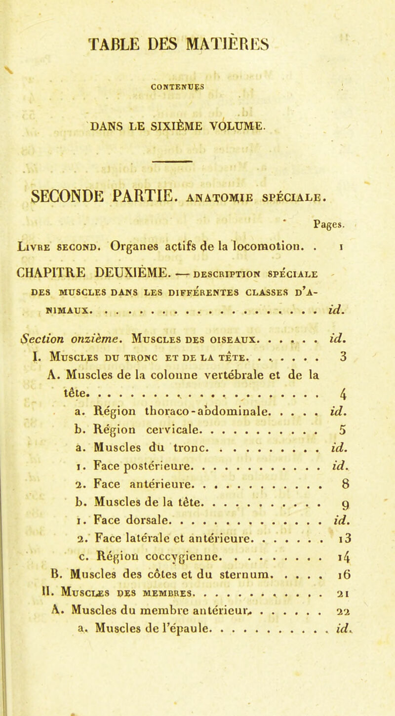 TABLE DES MATIERES CONTKNUPS DANS LE SIXIÈME VOLUME. SECONDE PARTIE, anatoiviie spéciale. Pages. Livre SECOND. Organes actifs (Je la locomotion. . i CHAPITRE DEUXIÈME. — description spéciale ^ DES MUSCLES DANS LES DIFFERENTES CLASSES d'A- NIMAUX id. Section onzième. Muscles des oiseaux id. I. Muscles du tronc et de la tête. ....... 3 A. Muscles de la colonne vertébrale et de la tête 4 a. Région thoraco-abdominale. .... id. b. Région cervicale 5 a. Muscles du tronc. id. I. Face postérieure id. 1. Face antérieure 8 b. Muscles de la tète g 1. Face dorsale id. 2. Face latérale et antérieure i3 c. Région coccygienne i4 B. Muscles des côtes et du sternum i6 II. Muscles des membres ii A. Muscles du membre antérieur,. 22 a. Muscles de l'épaule id..